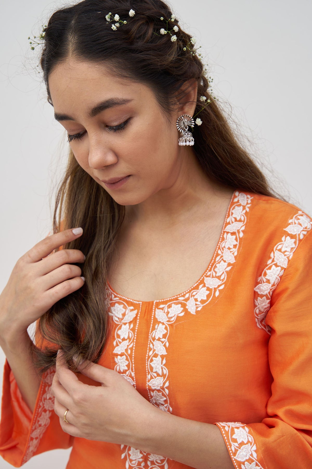 Orange chanderi embroidered kurta set