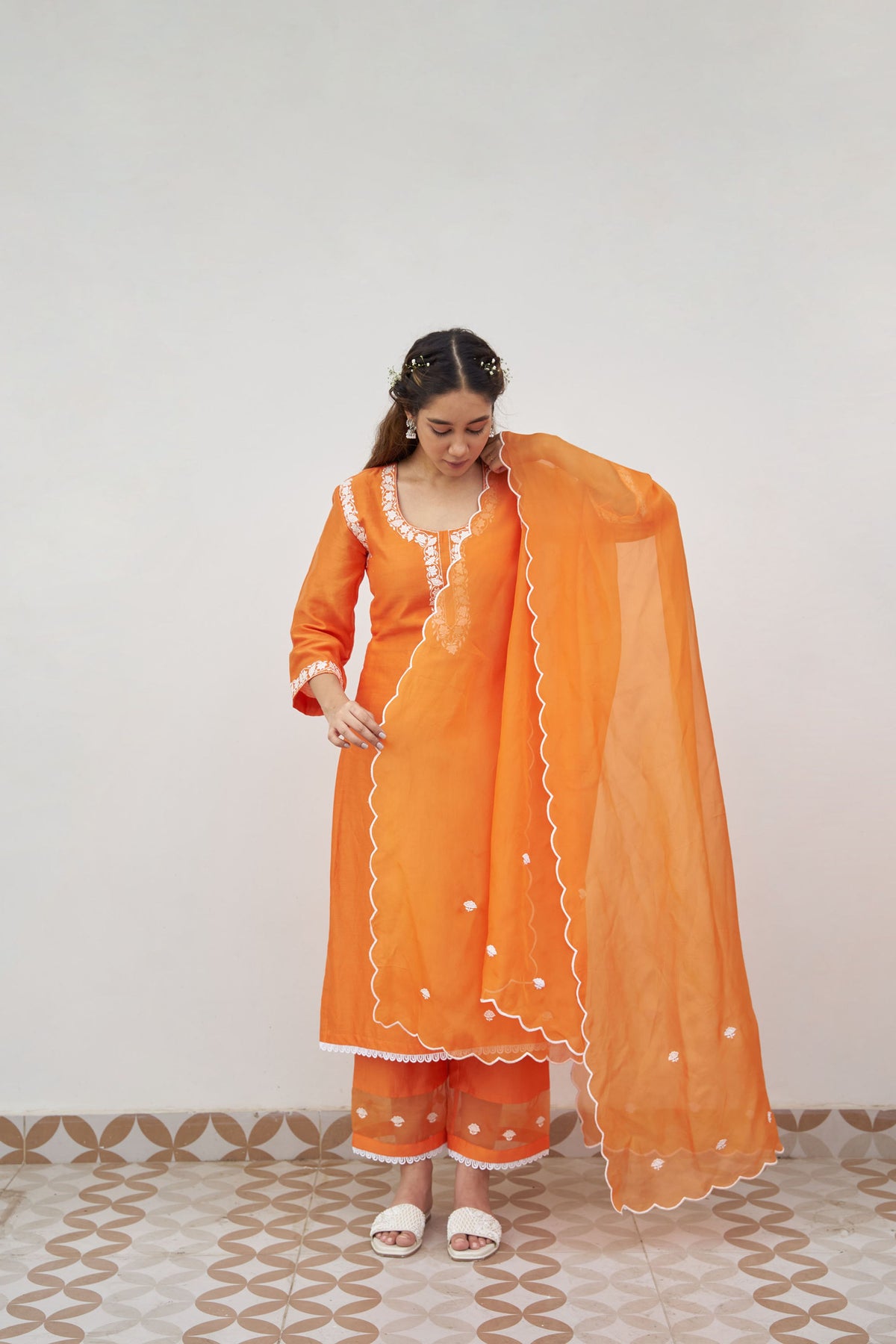 Orange chanderi embroidered kurta set
