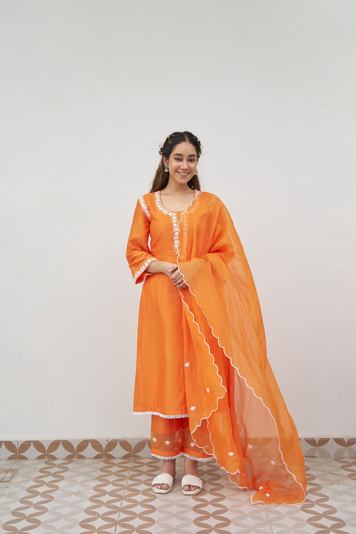 Orange chanderi embroidered kurta set