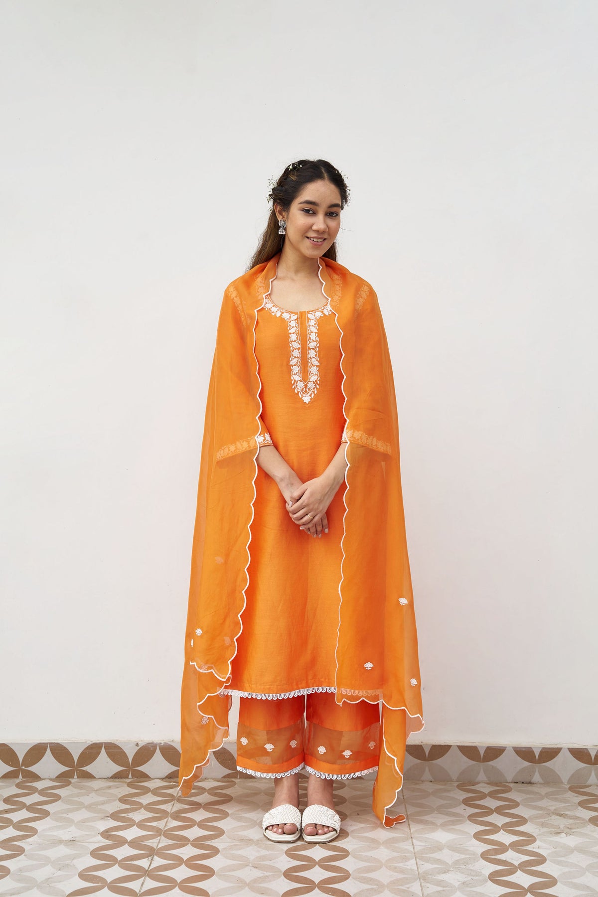 Orange chanderi embroidered kurta set