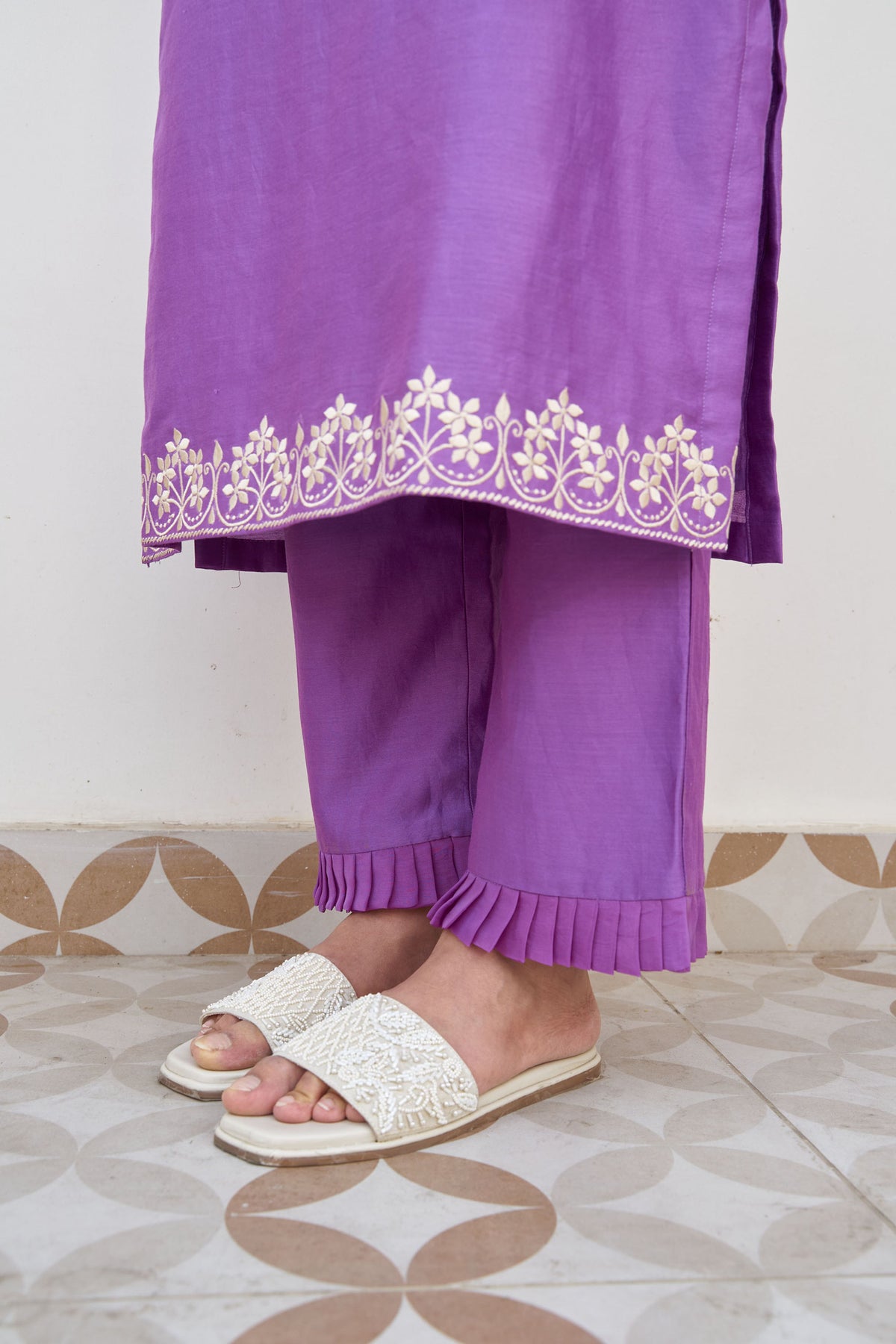 Violet chanderi embroidered kurta set