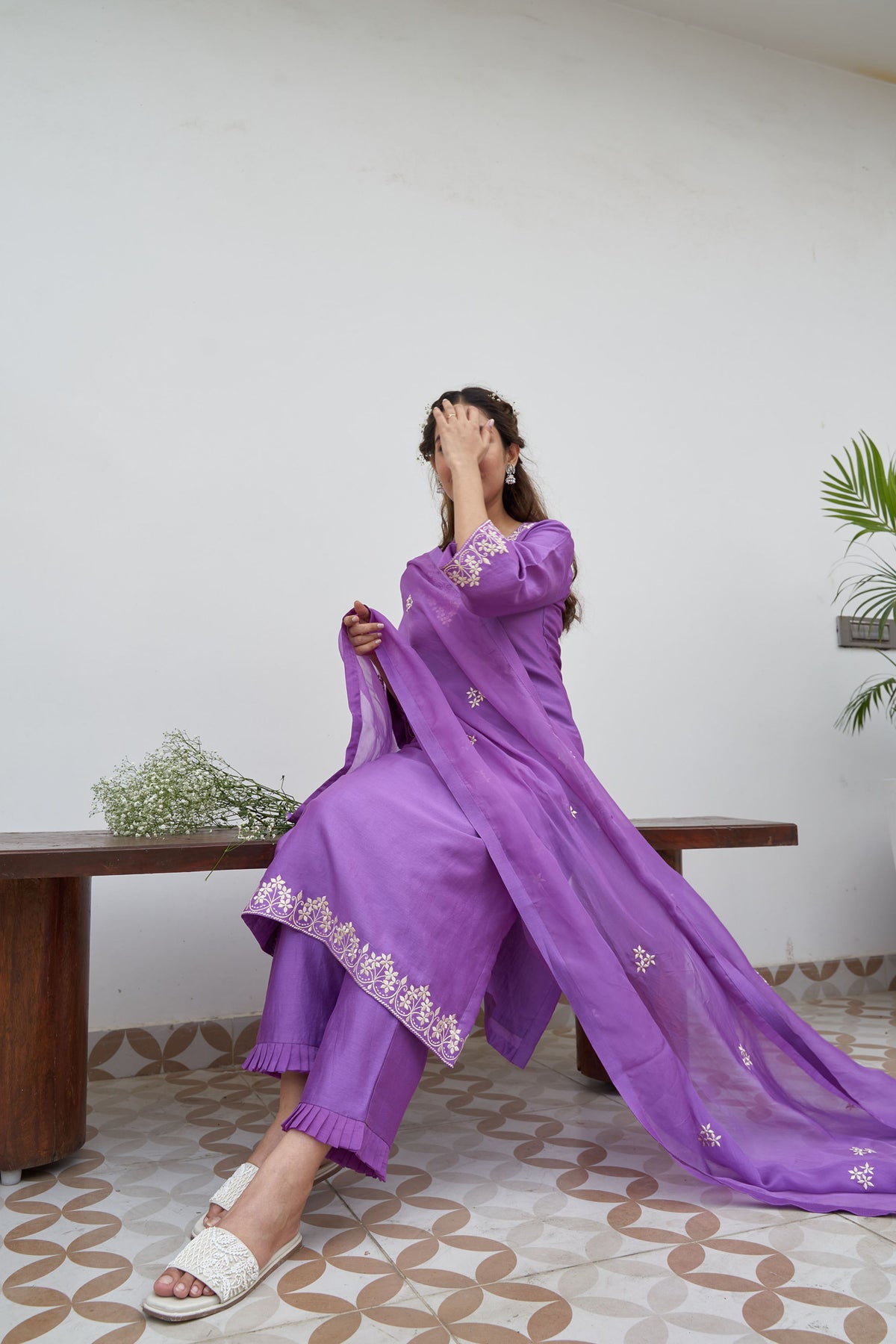 Violet chanderi embroidered kurta set