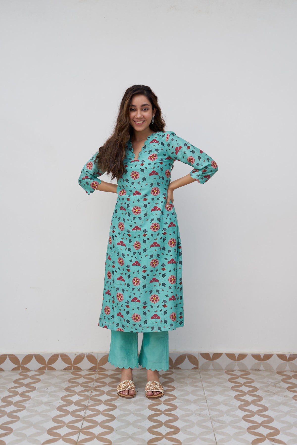 Turquoise blue printed kurta set