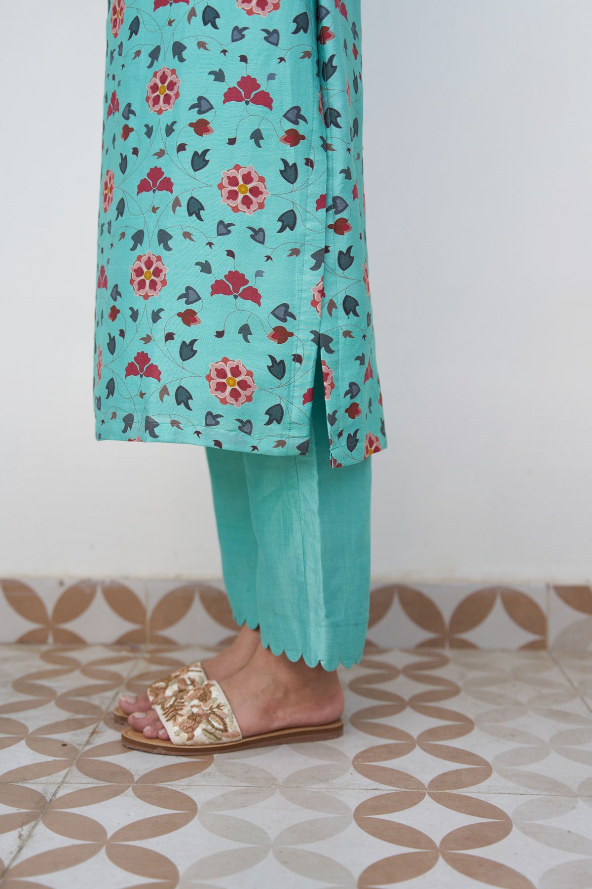 Turquoise blue printed kurta set