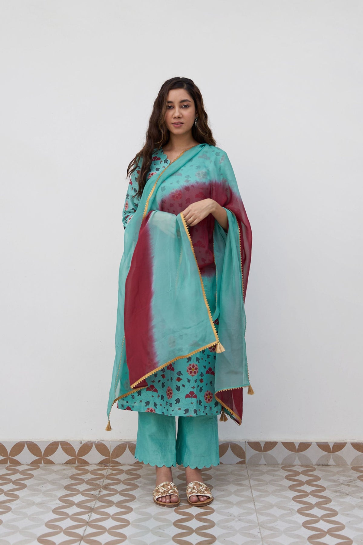 Turquoise blue printed kurta set