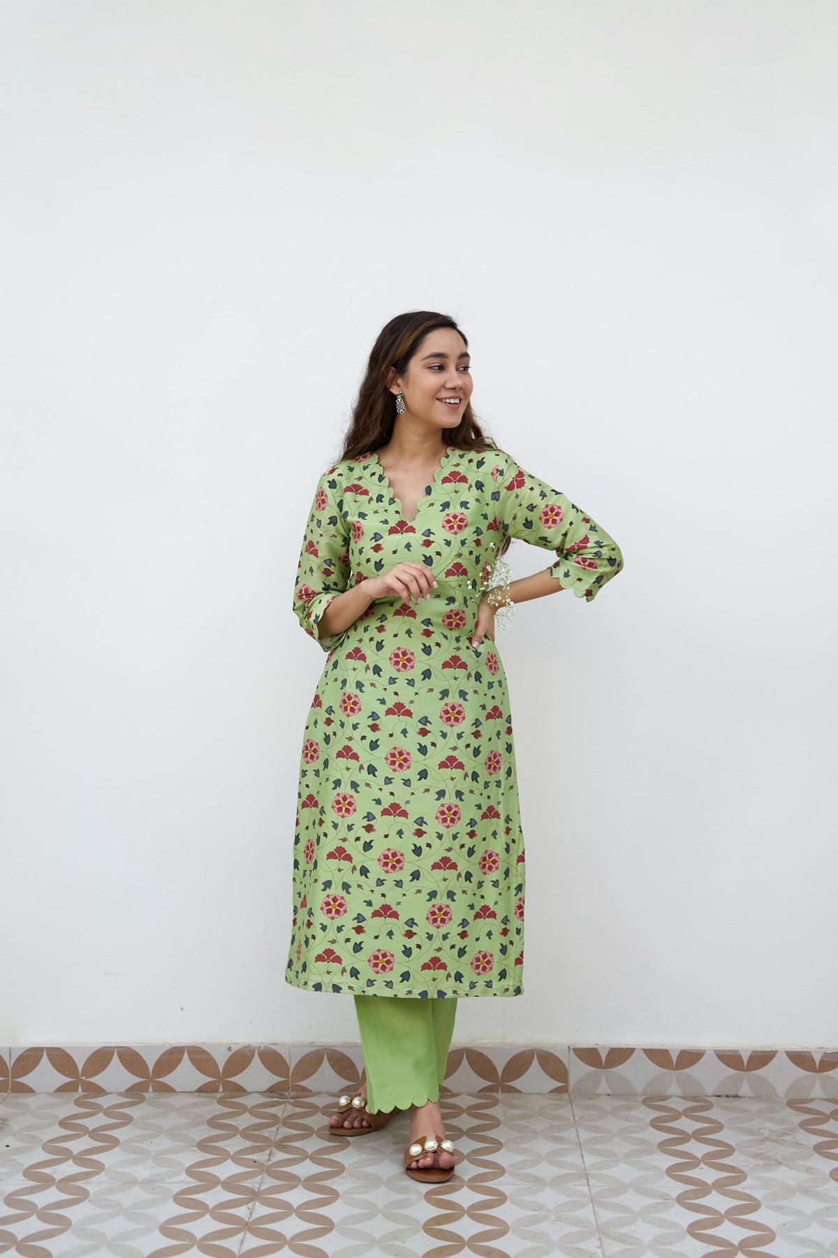 Lime green chanderi printed kurta set