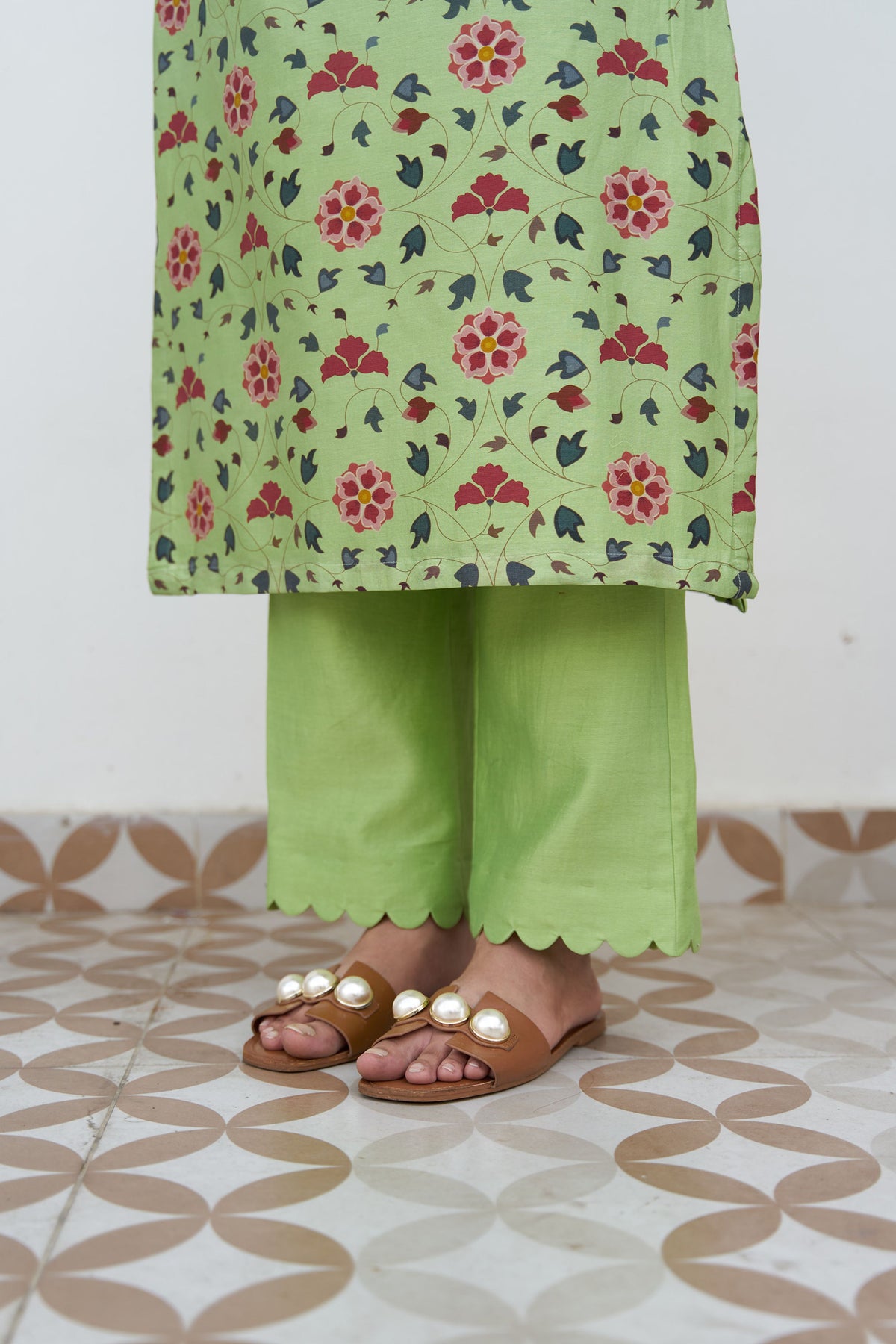 Lime green chanderi printed kurta set