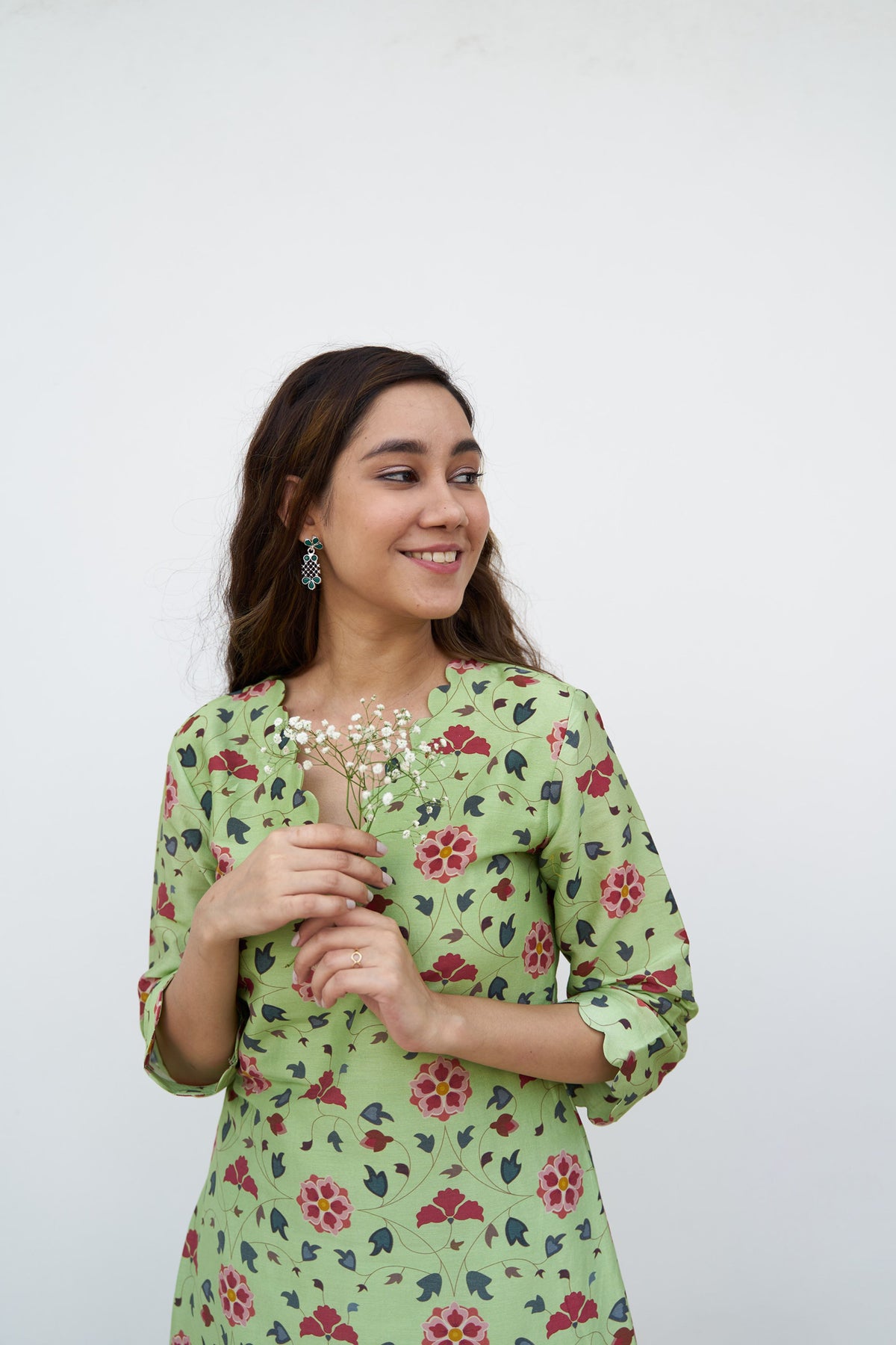 Lime green chanderi printed kurta set