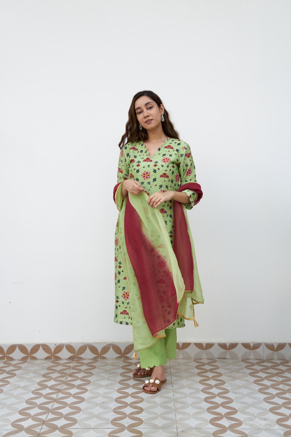 Lime green chanderi printed kurta set