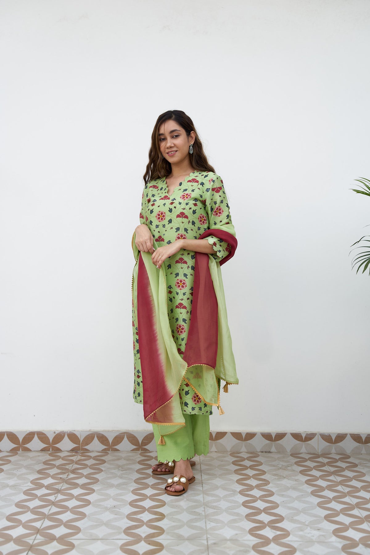 Lime green chanderi printed kurta set
