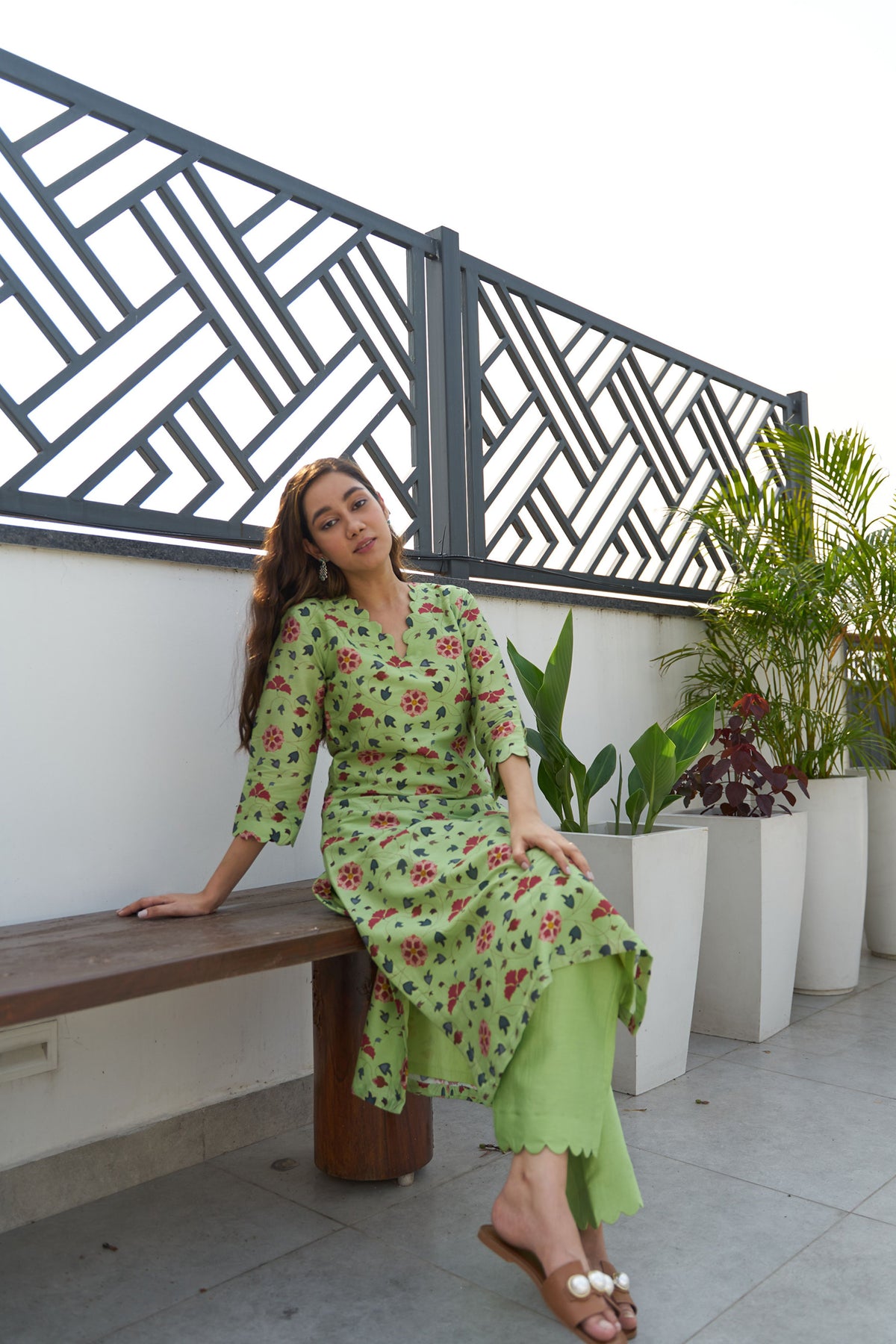 Lime green chanderi printed kurta set