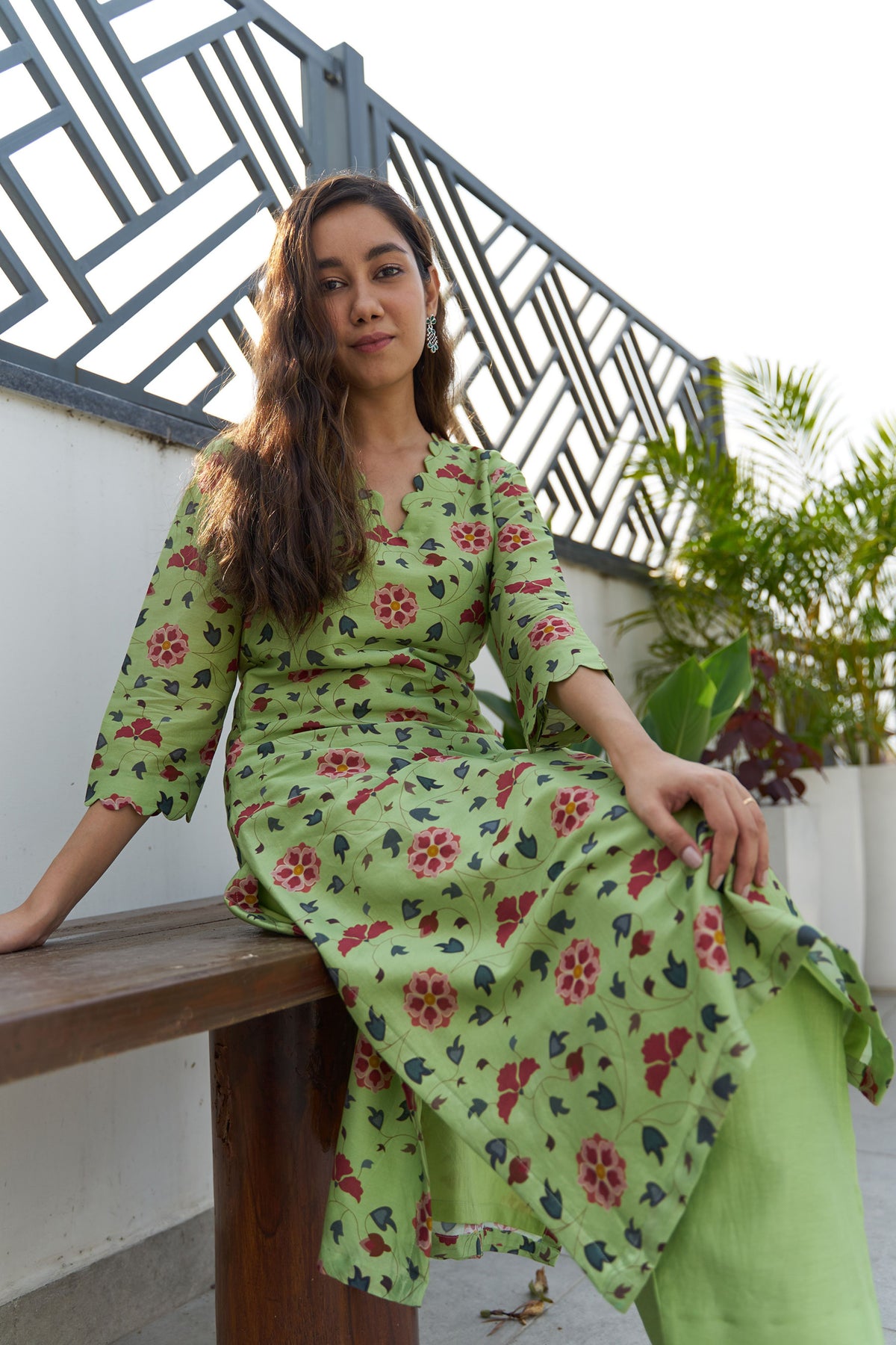 Lime green chanderi printed kurta set