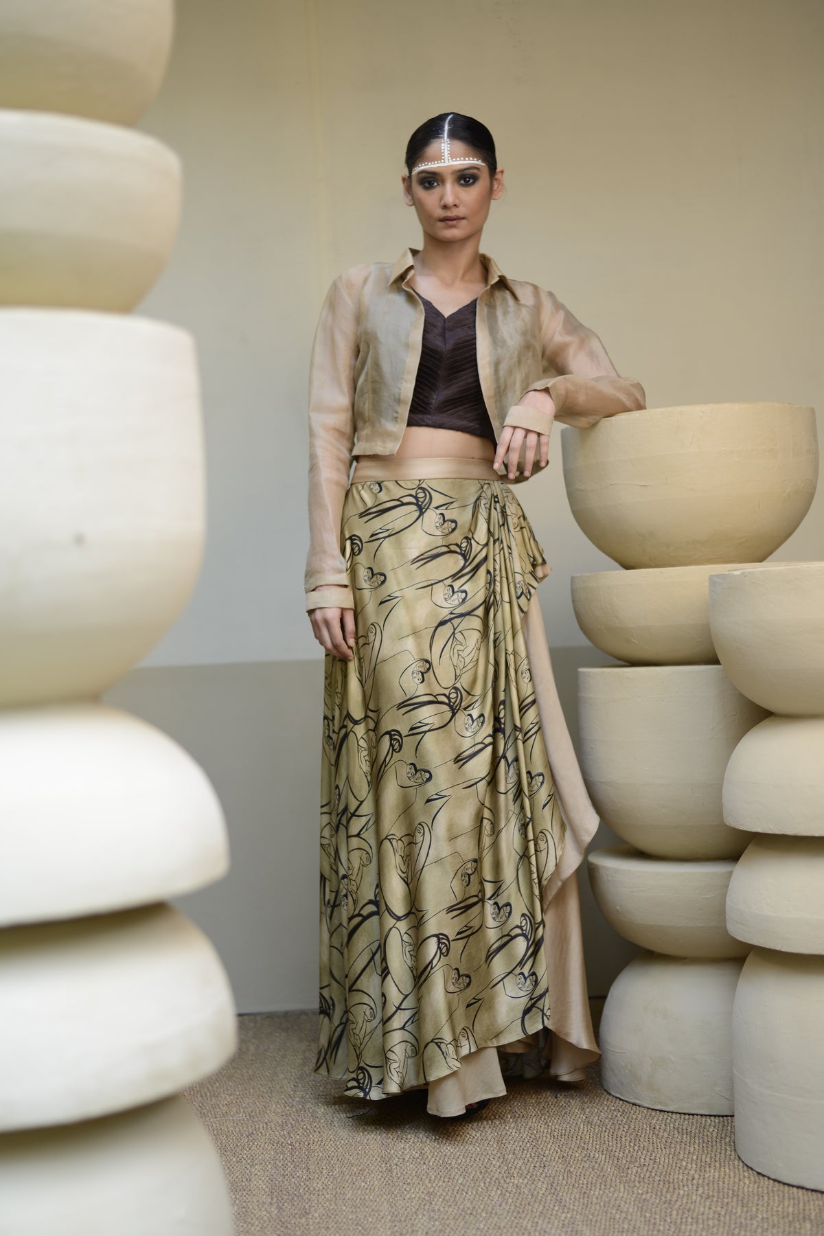 Beige Printed Drape Skirt Set