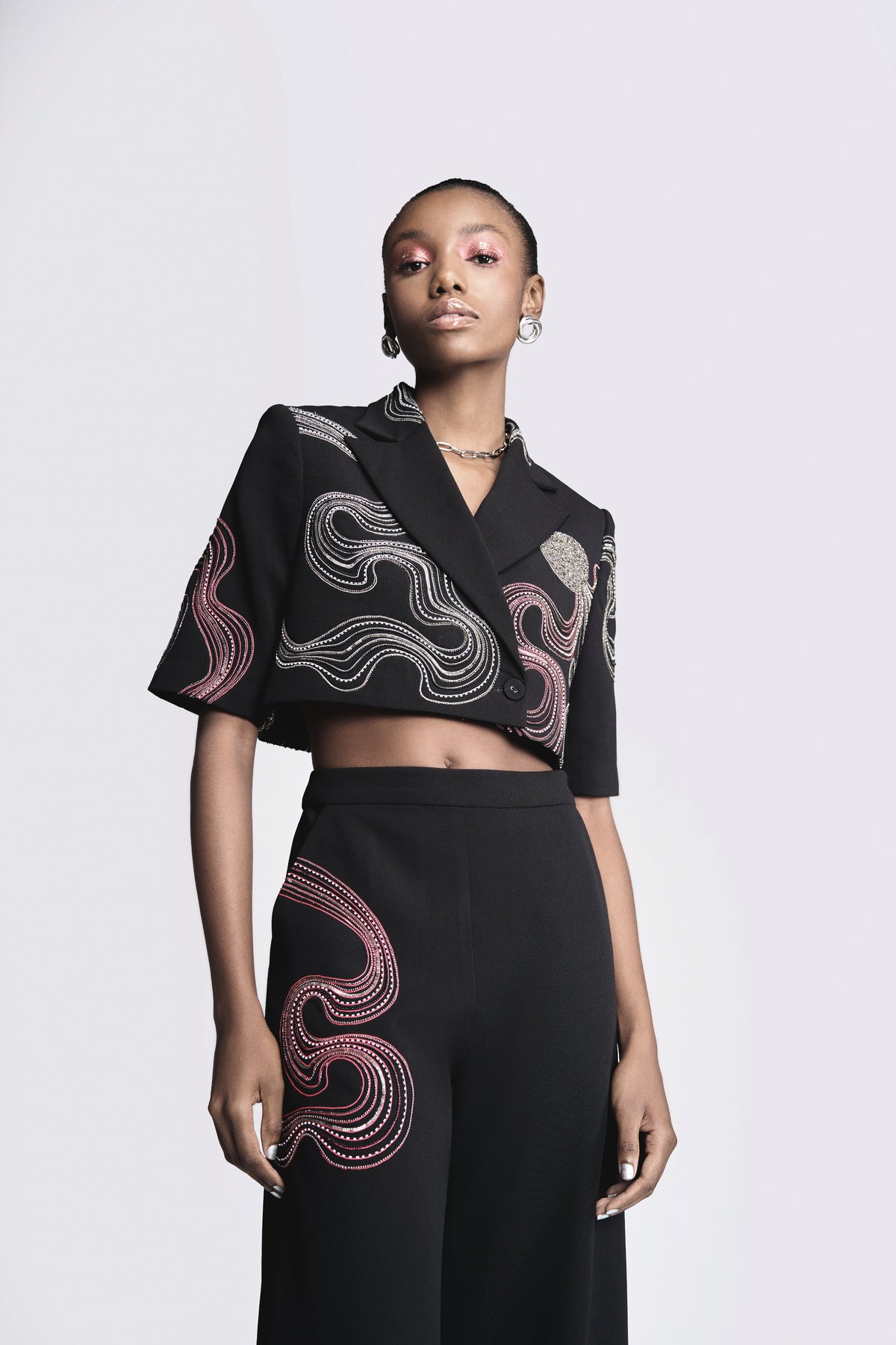 Waves And Circles Cropped Blazer With Flared Pants
