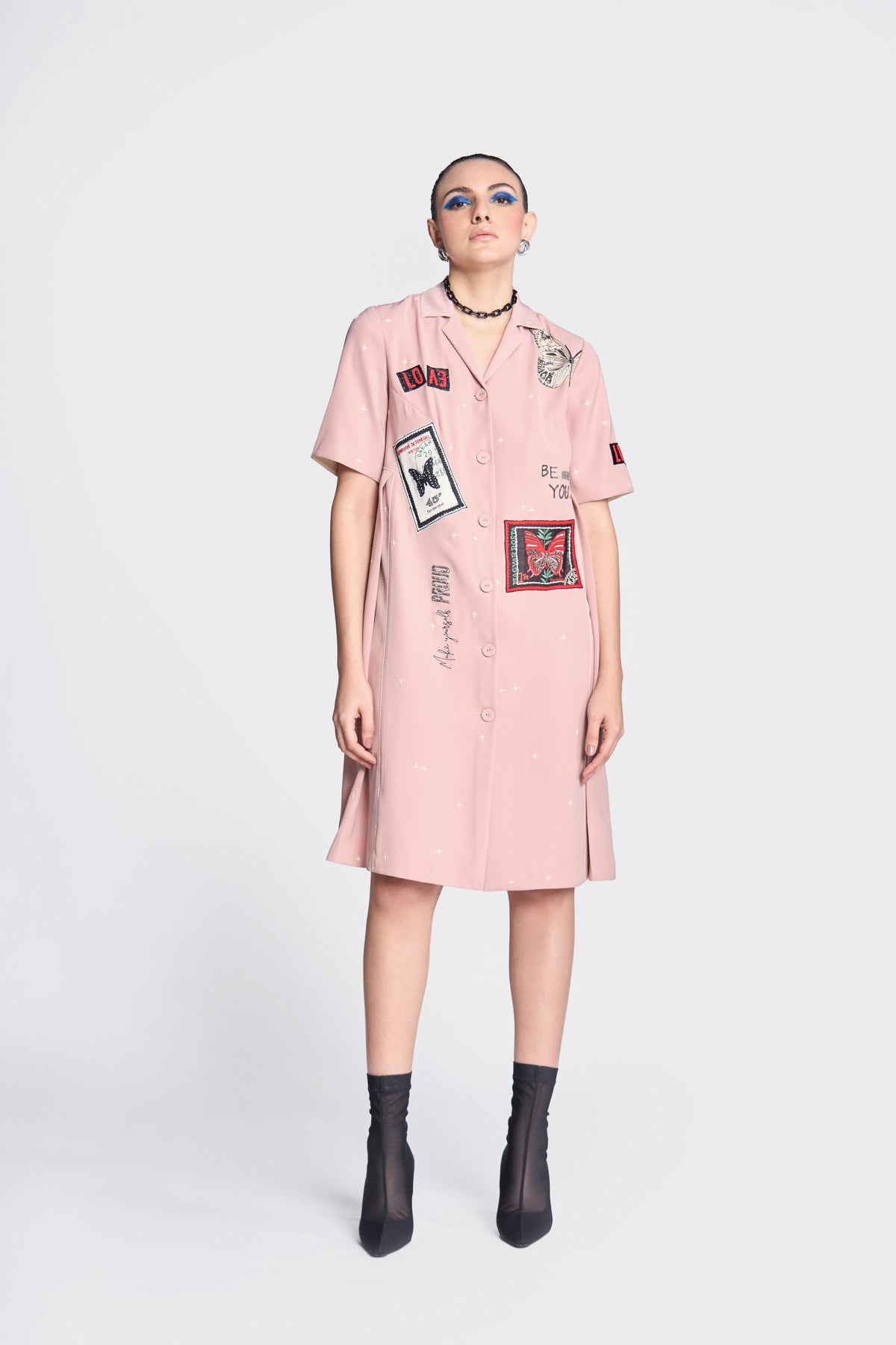Butterfly Stamp Panelled Waist Front Open Dress