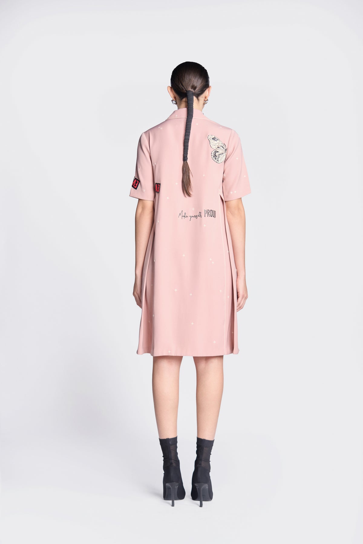 Butterfly Stamp Panelled Waist Front Open Dress