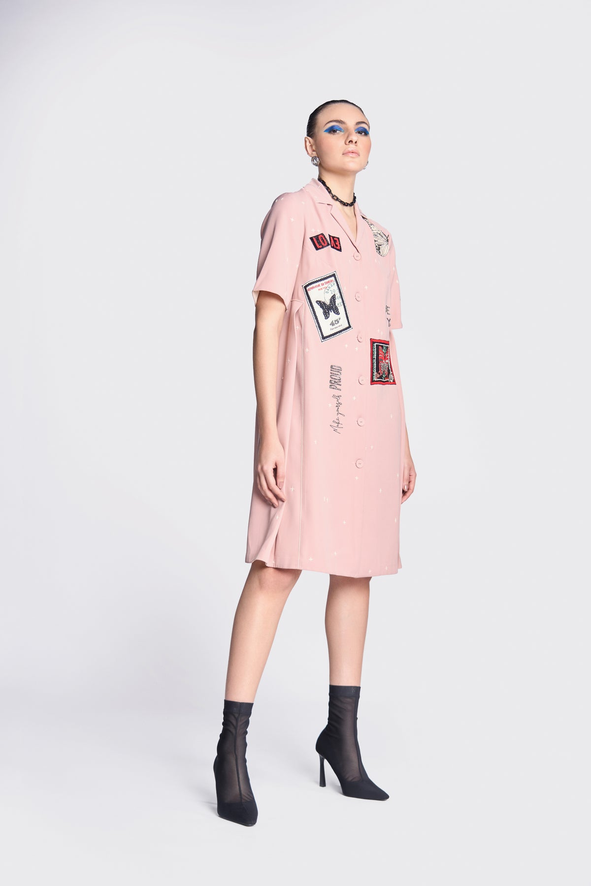 Butterfly Stamp Panelled Waist Front Open Dress