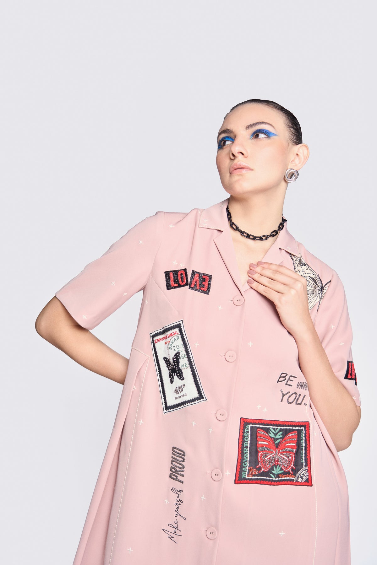 Butterfly Stamp Panelled Waist Front Open Dress