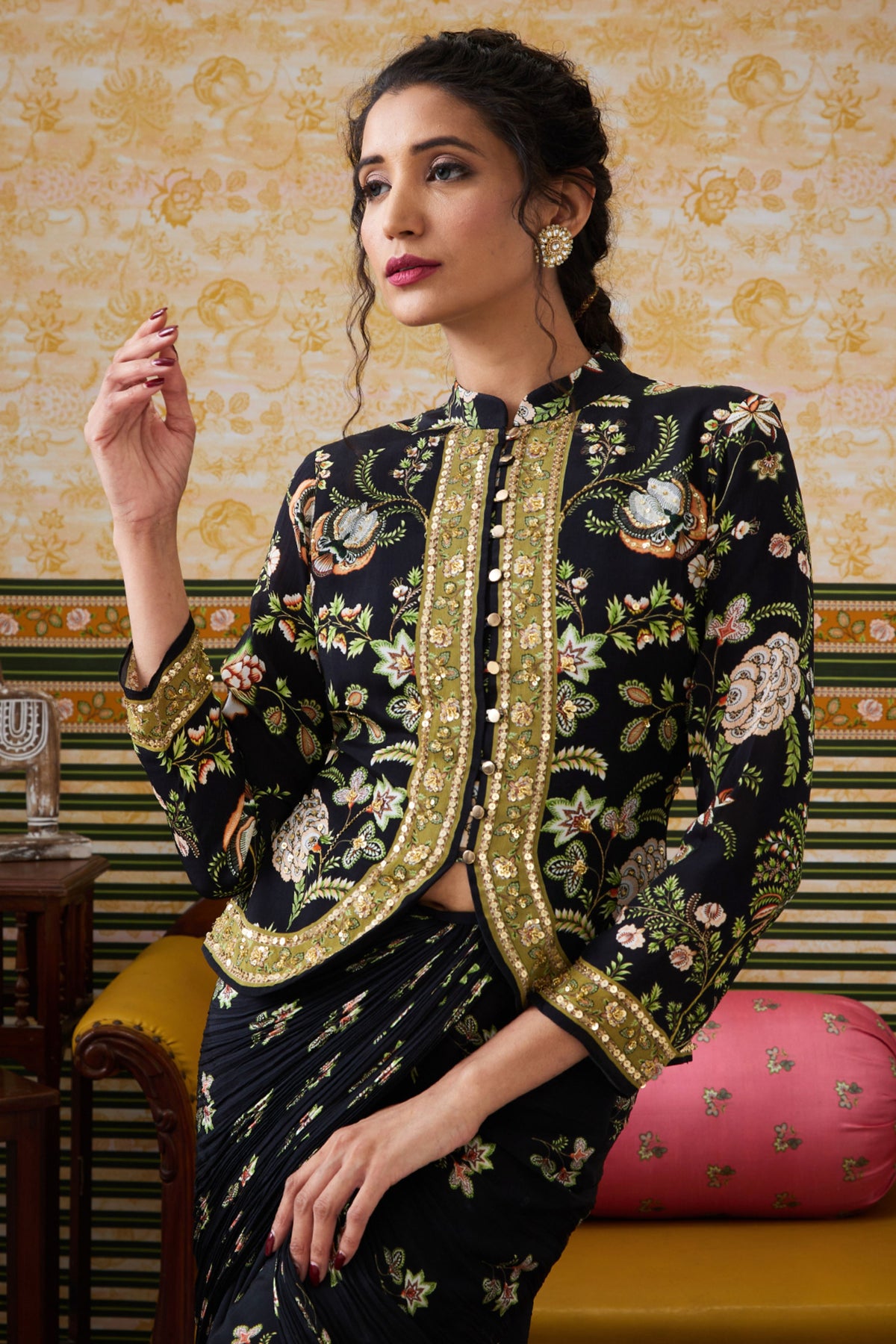 Mehr Embroidered Jacket With Drape Skirt