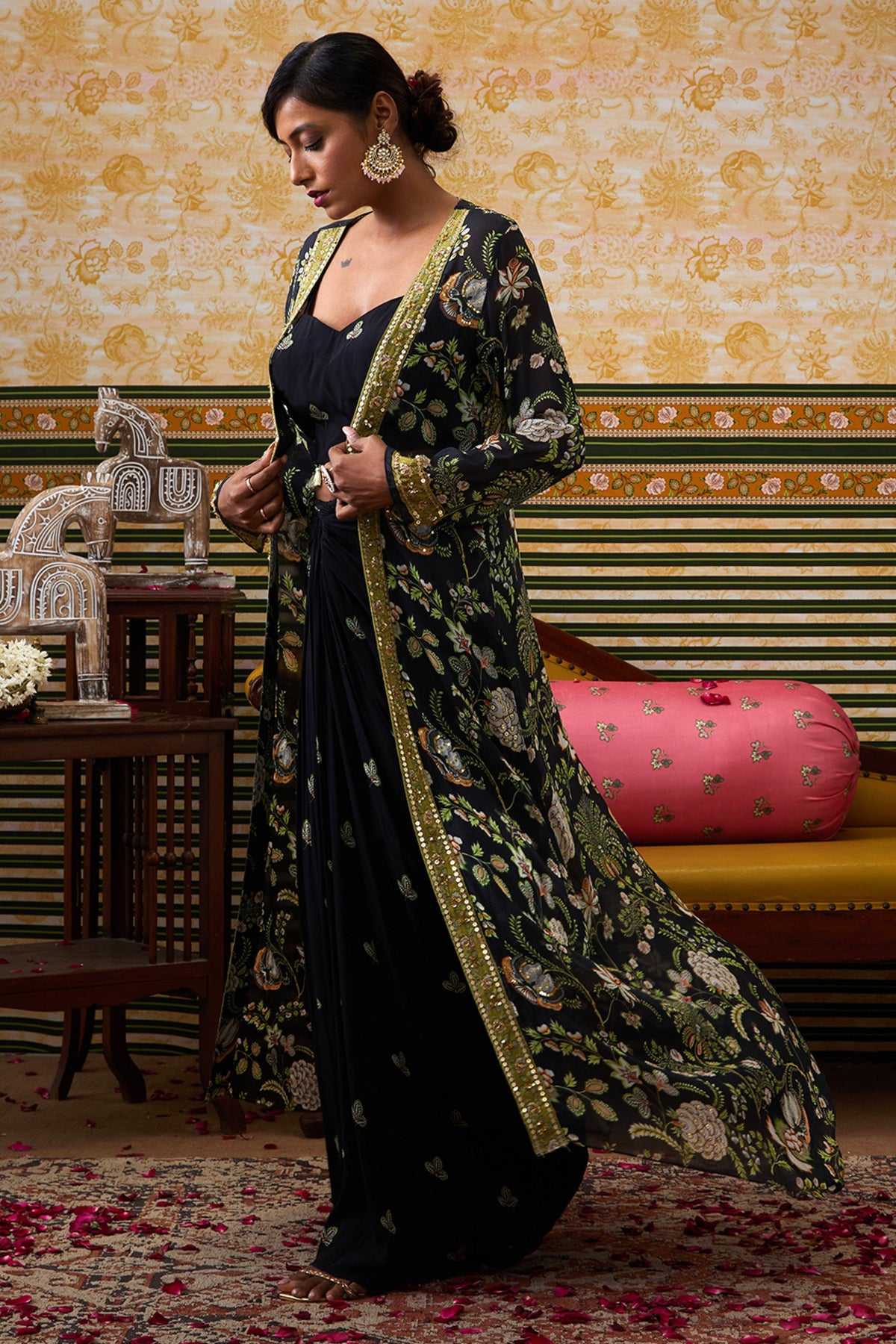 Mehr Printed Drape Skirt Set With Jacket