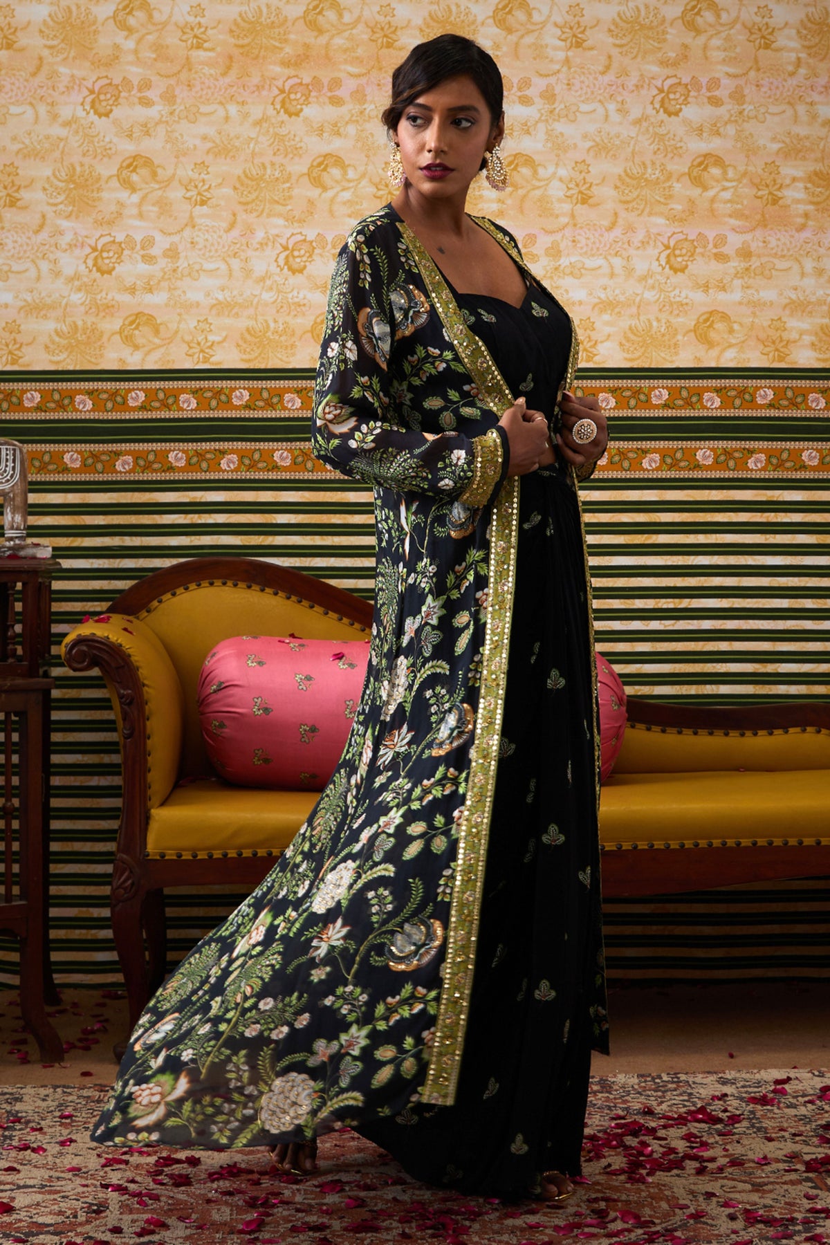 Mehr Printed Drape Skirt Set With Jacket
