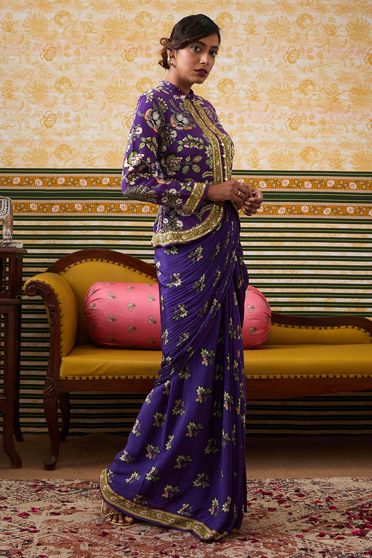 Mehr Embroidered Jacket With Drape Skirt