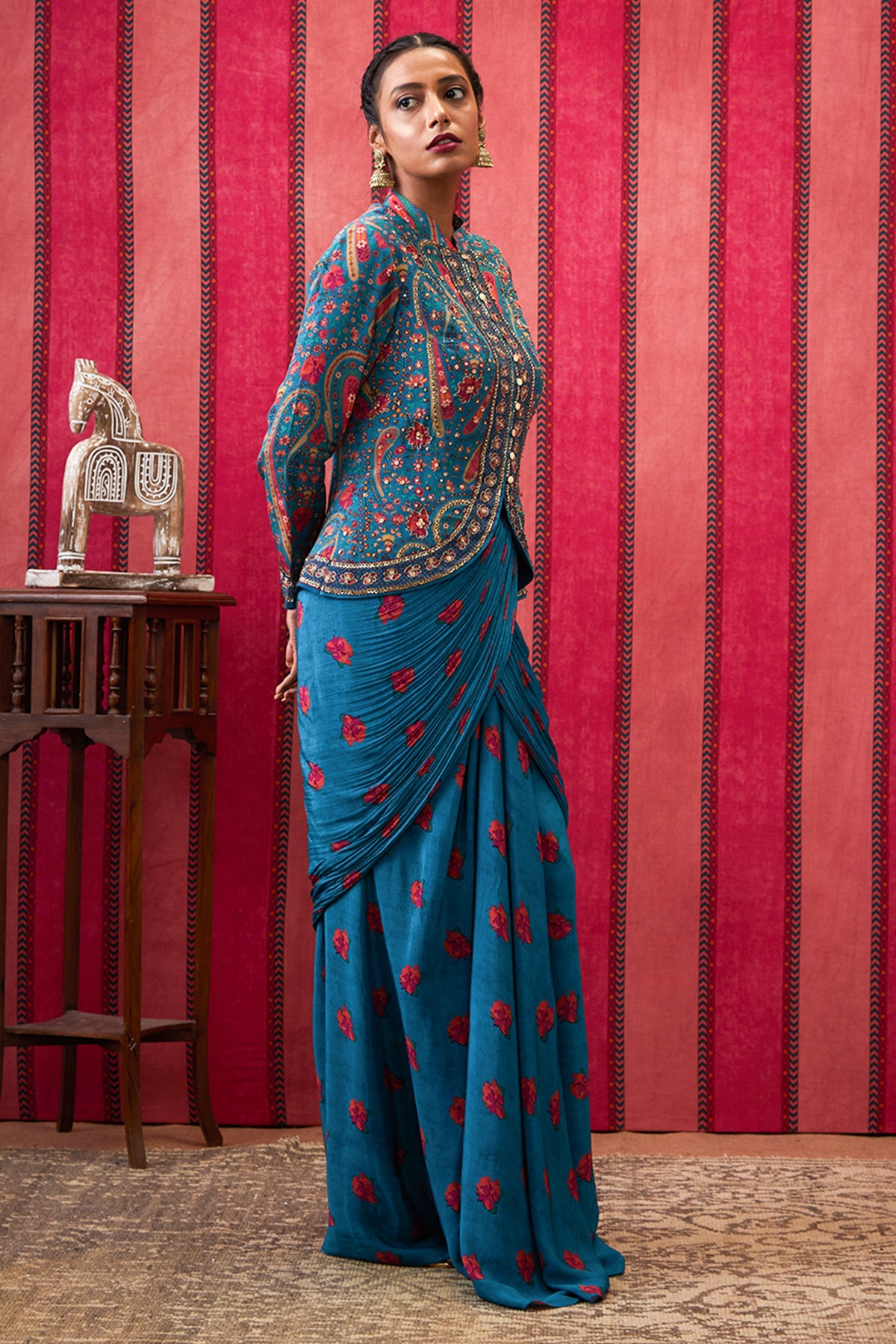 Qala Printed Drape Skirt With Embroidered Top