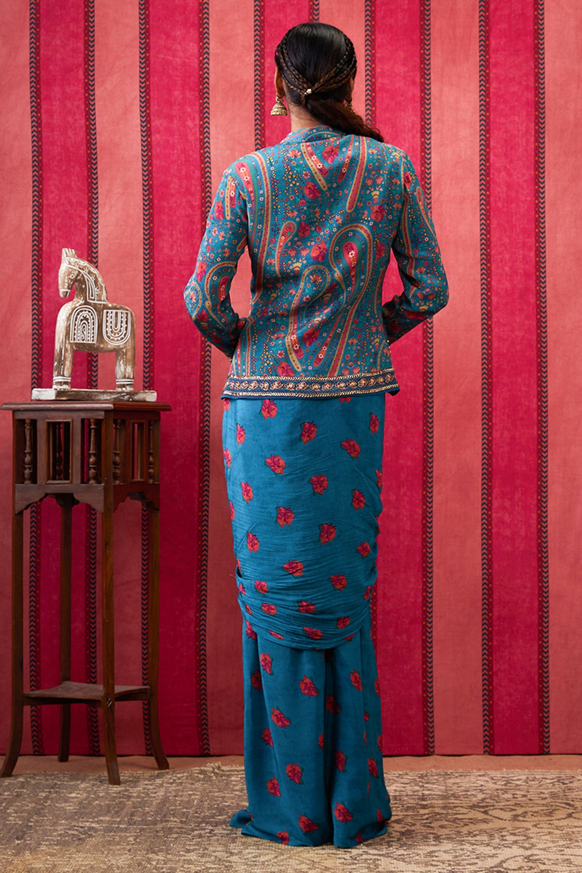 Qala Printed Drape Skirt With Embroidered Top