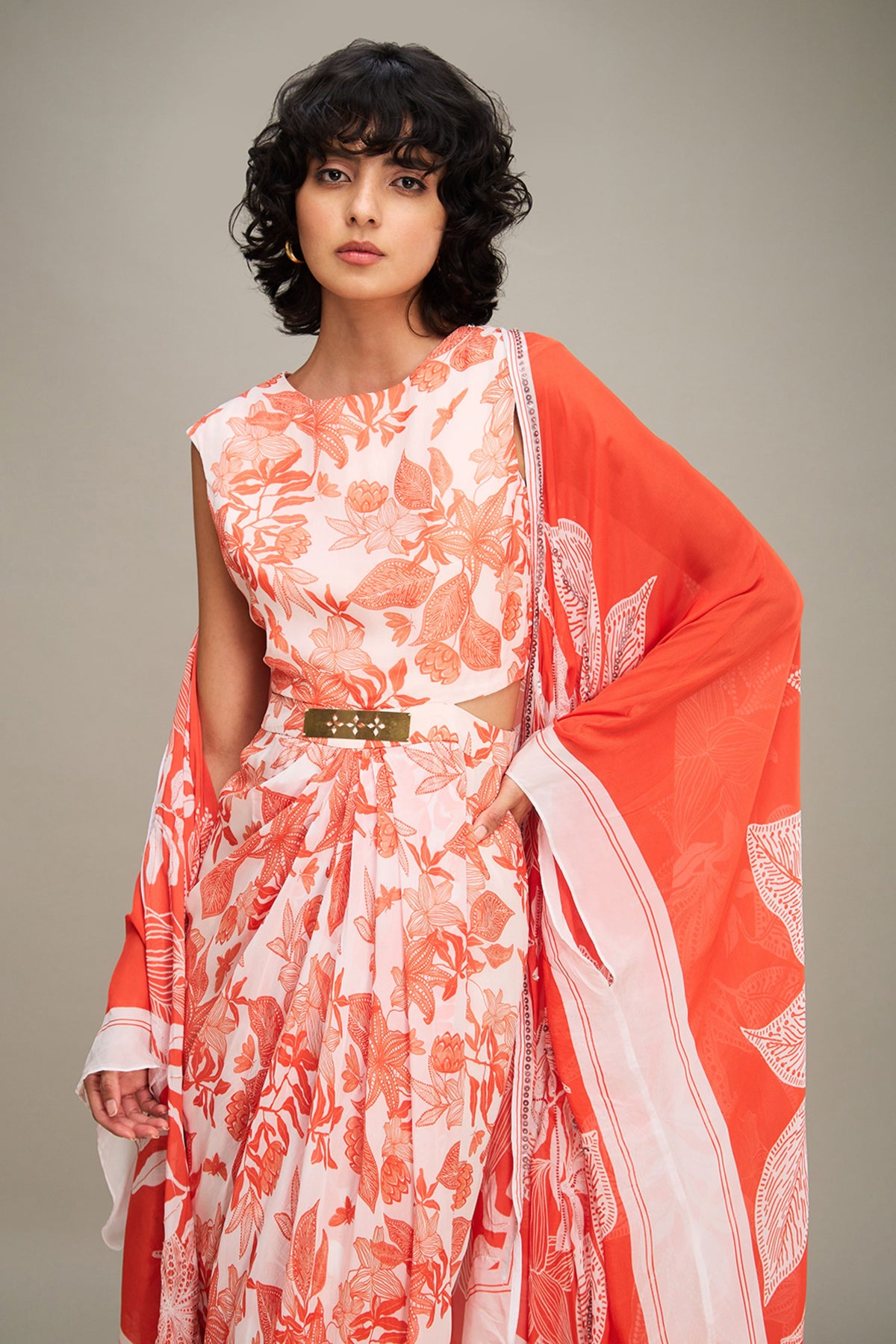Ahyana Printed Drape Dress With Cape