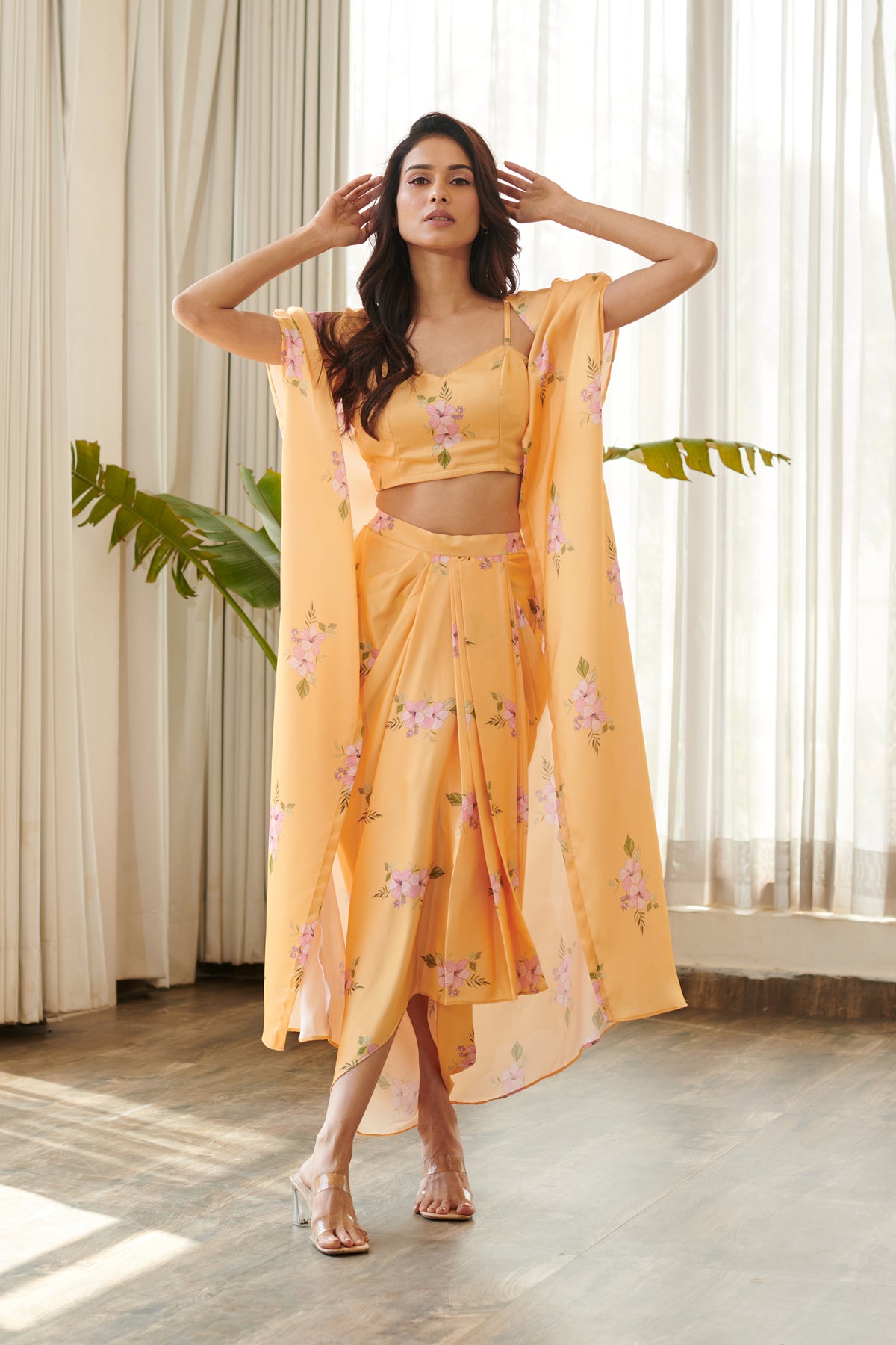 Jasmine Yellow Bralette, Skirt &amp; Cape Set