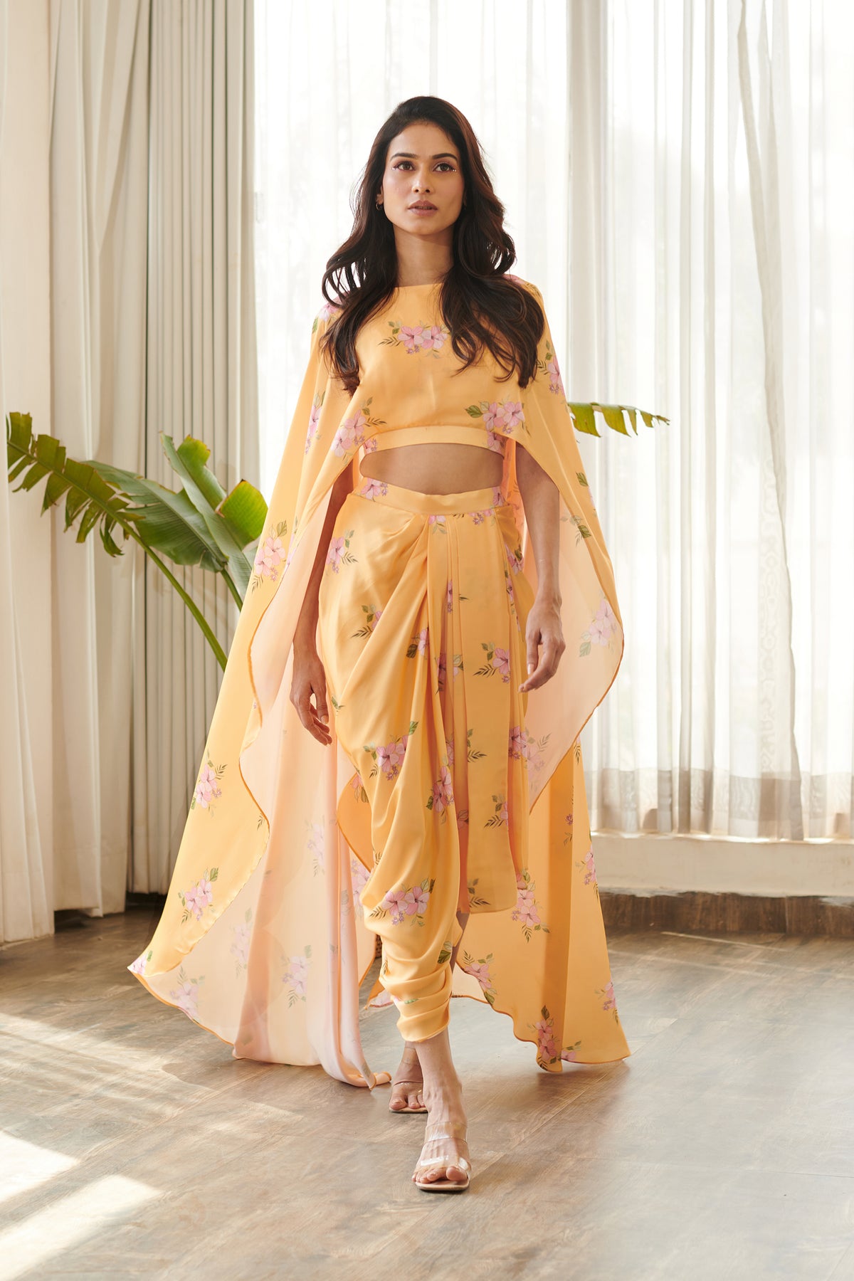 Jasmine Yellow Cape Sleeved Top &amp; Skirt Set