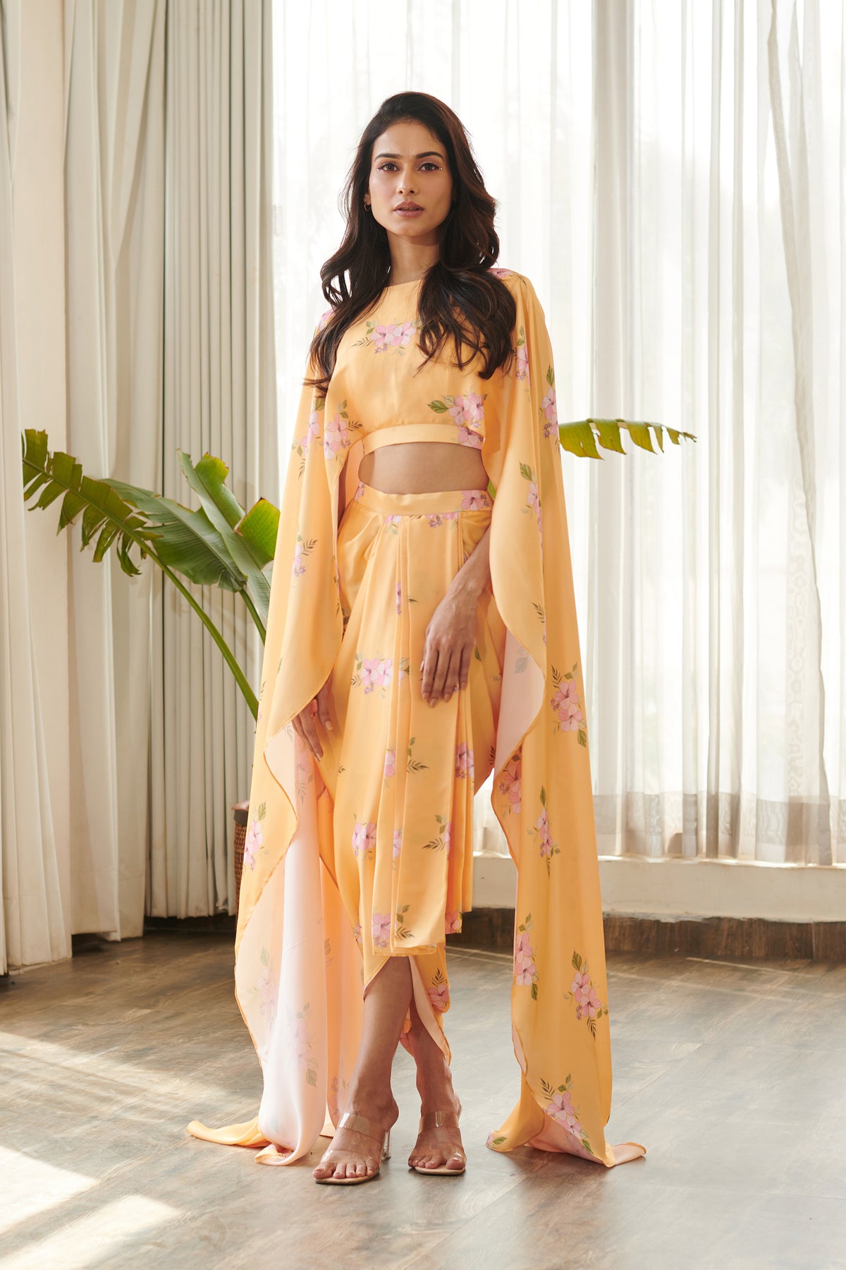 Jasmine Yellow Cape Sleeved Top &amp; Skirt Set