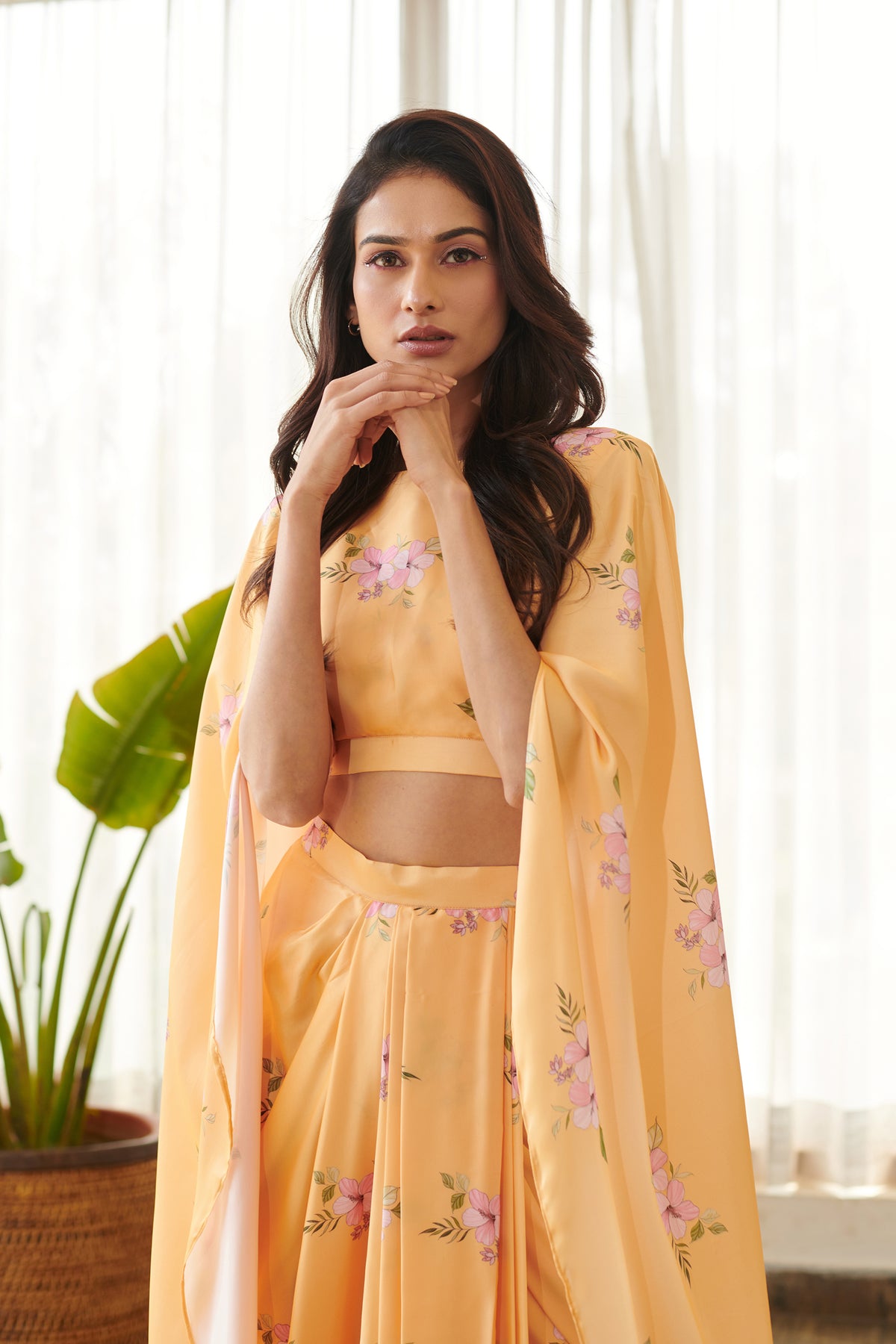 Jasmine Yellow Cape Sleeved Top &amp; Skirt Set