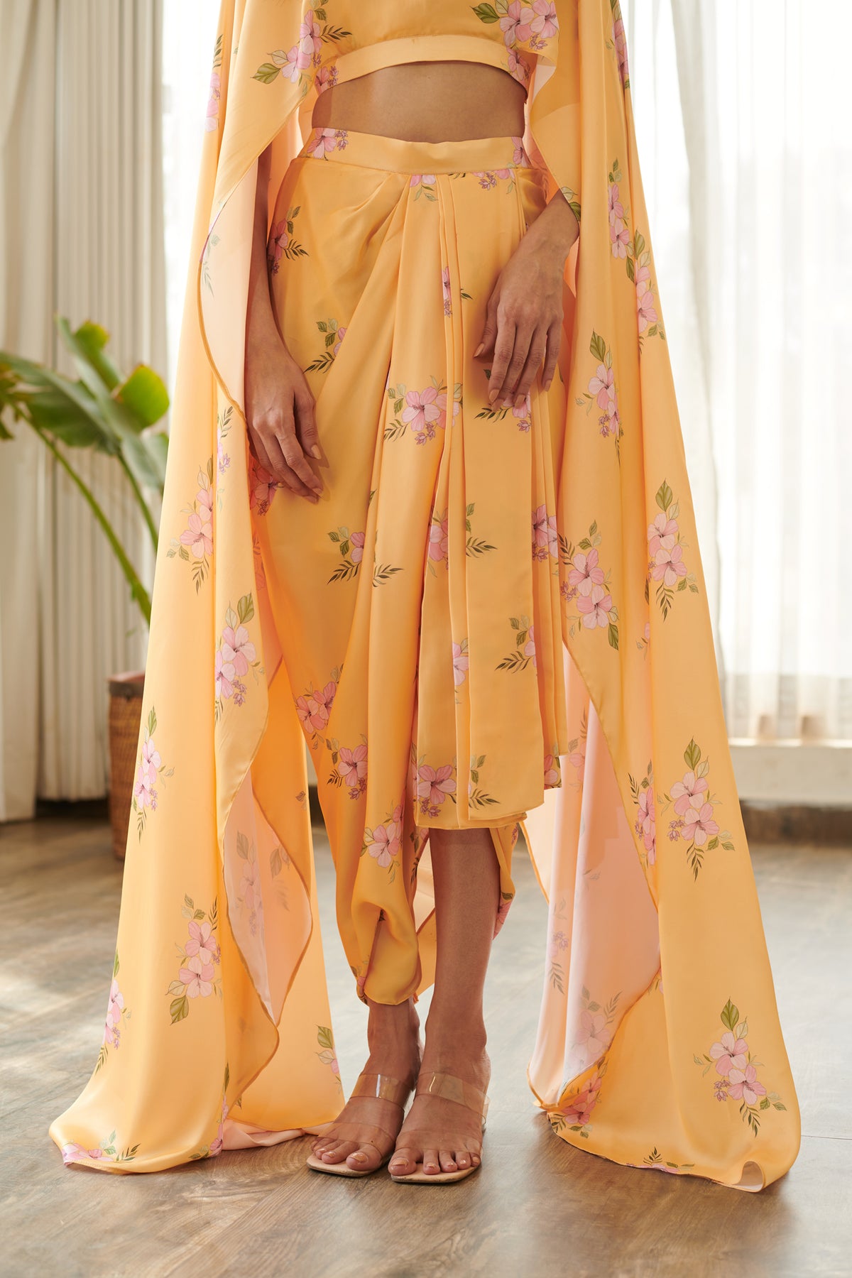 Jasmine Yellow Cape Sleeved Top &amp; Skirt Set