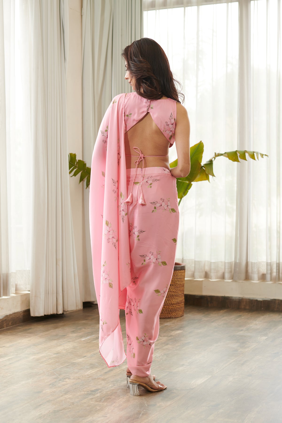 Taffy Pink Slit Skirt Saree Set