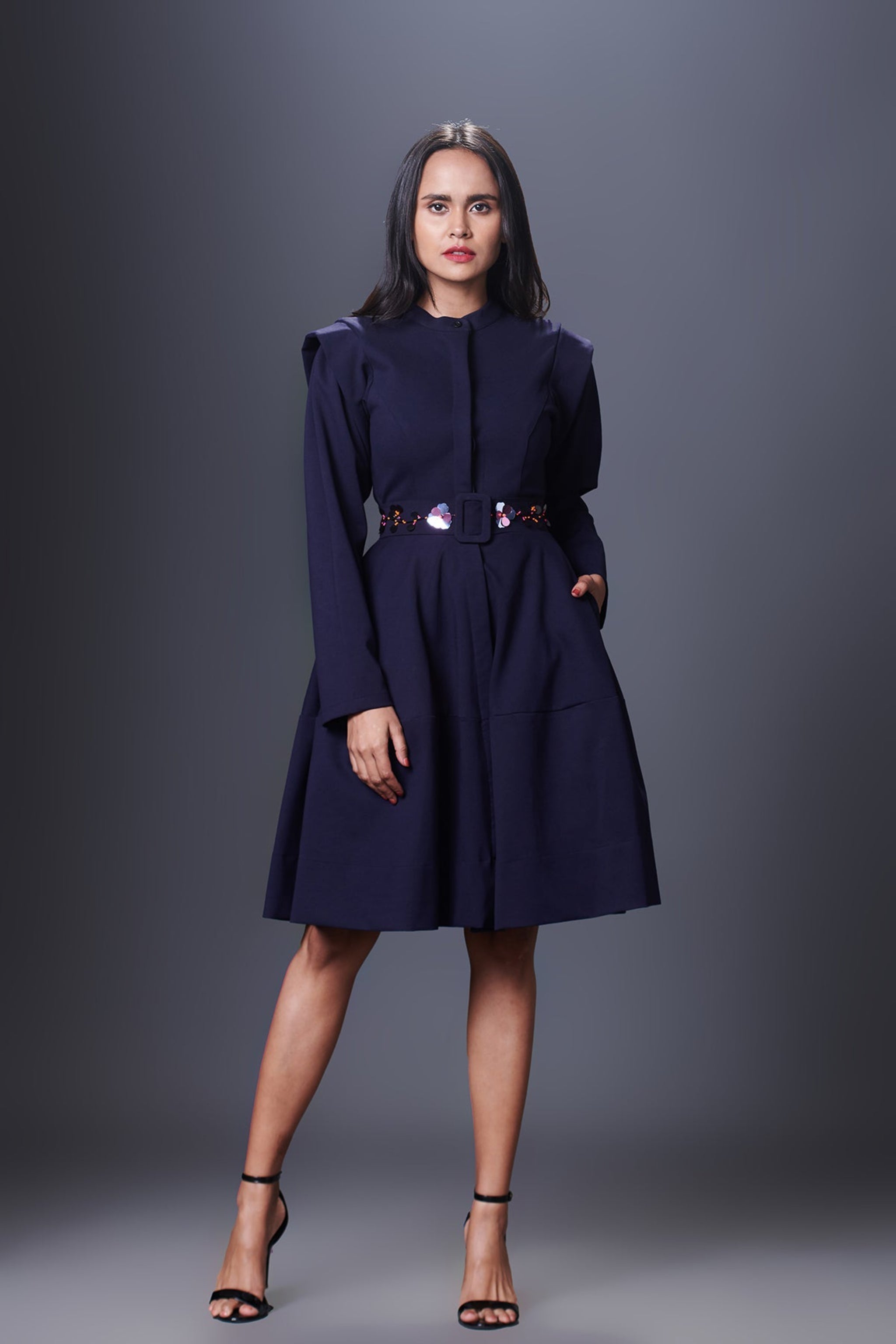 Navy Blue Jacket Dress With Hand Embroidered Belt 2XL / Blue Navy Blue Jacket Dress With Hand Embroidered Belt 2XL / Blue