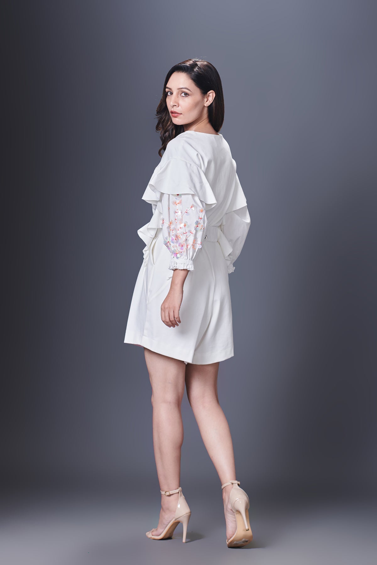 White Playsuit With Hand Embroidered Sleeve &amp; Belt