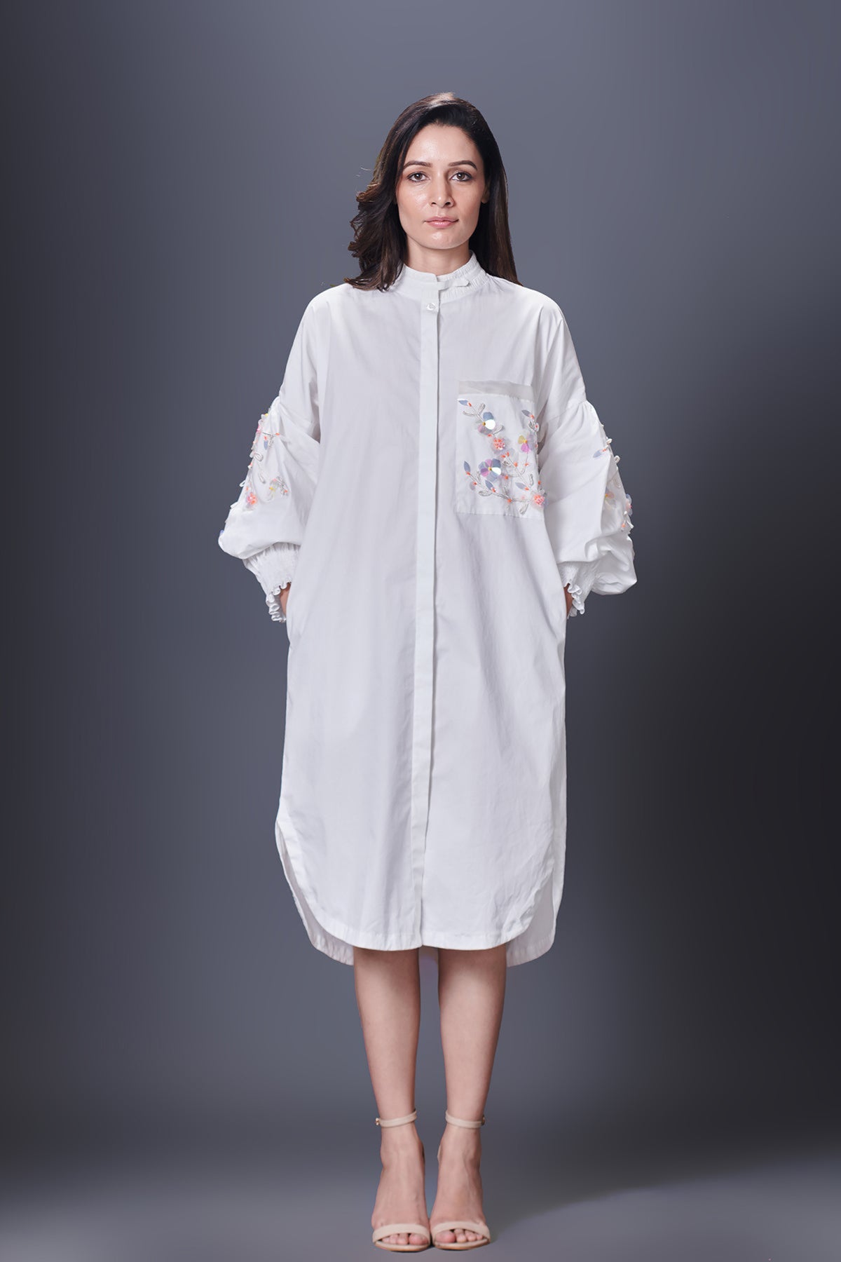 White Shirt Dress With  Pocket And Sleeves