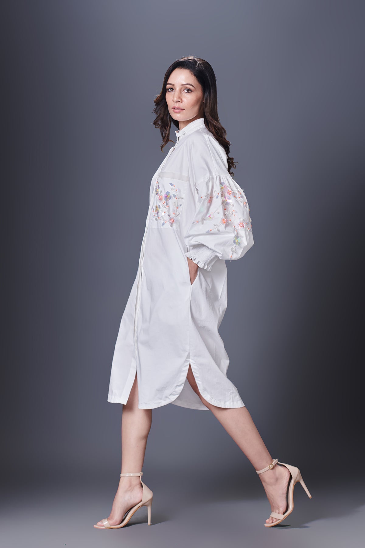 White Shirt Dress With  Pocket And Sleeves