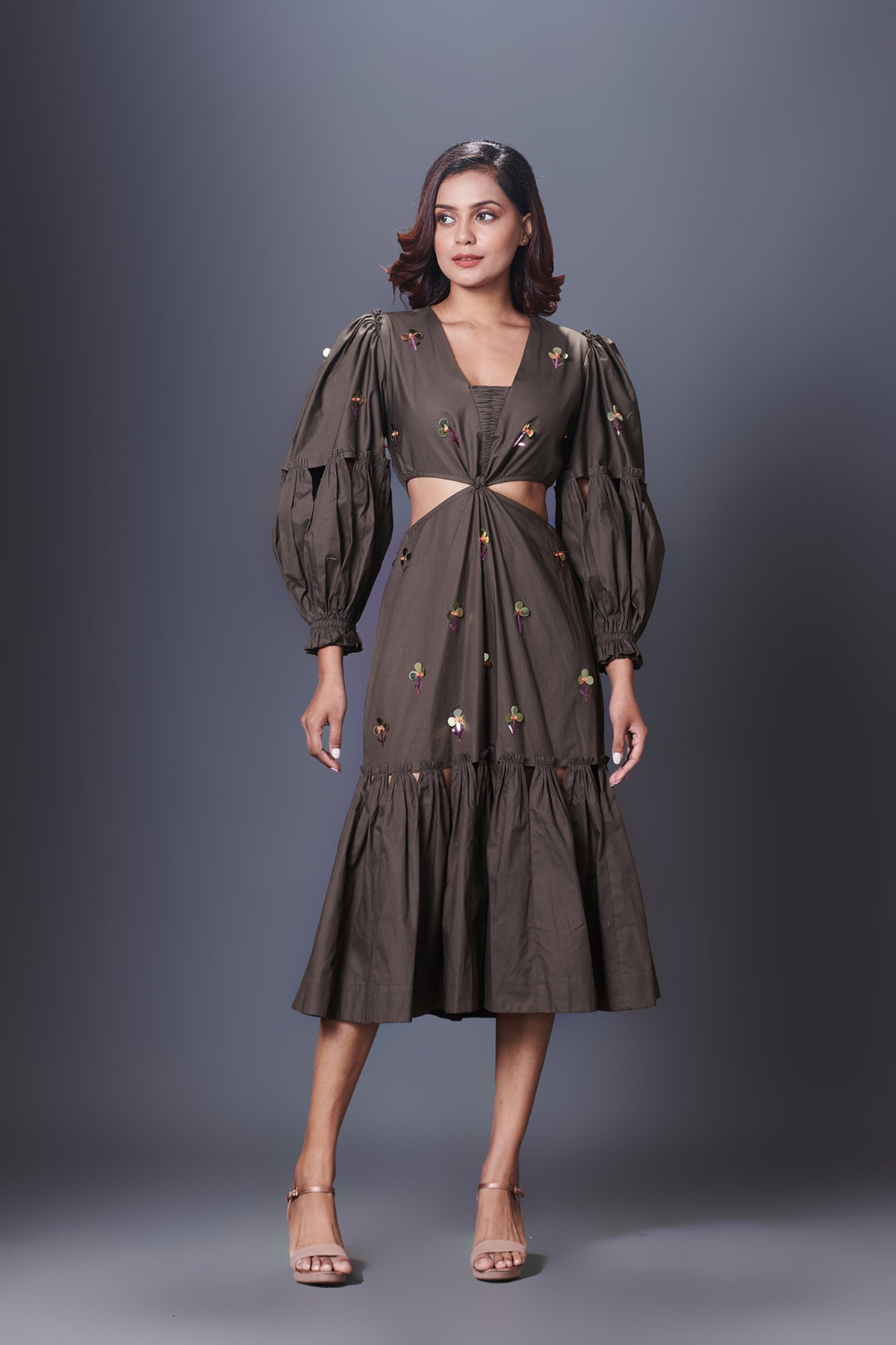 Olive Greeen  Cutout Dress With Puffed Sleeves