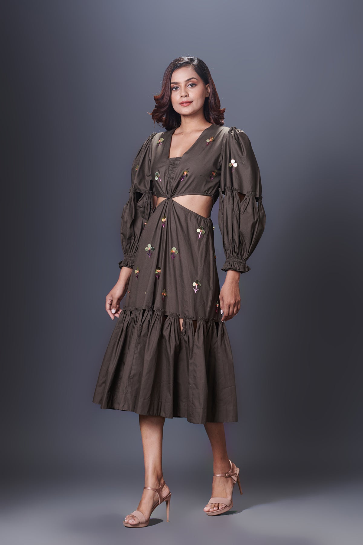 Olive Greeen  Cutout Dress With Puffed Sleeves