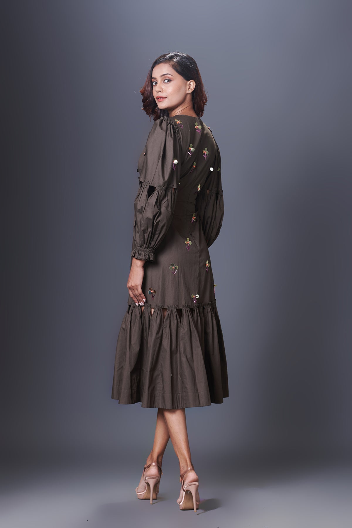 Olive Greeen  Cutout Dress With Puffed Sleeves