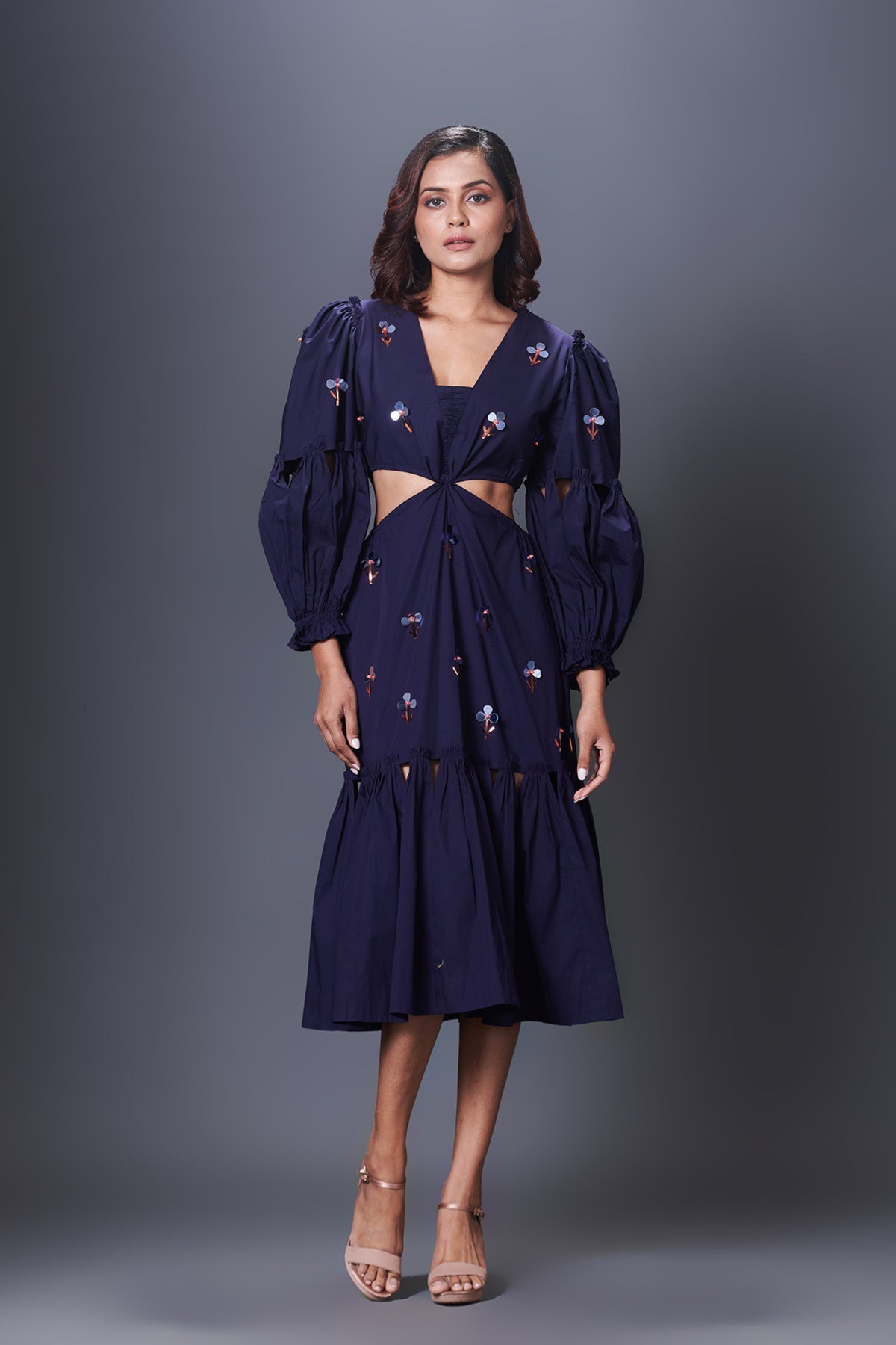 Purple Cutout Dress With Puffed Sleeves