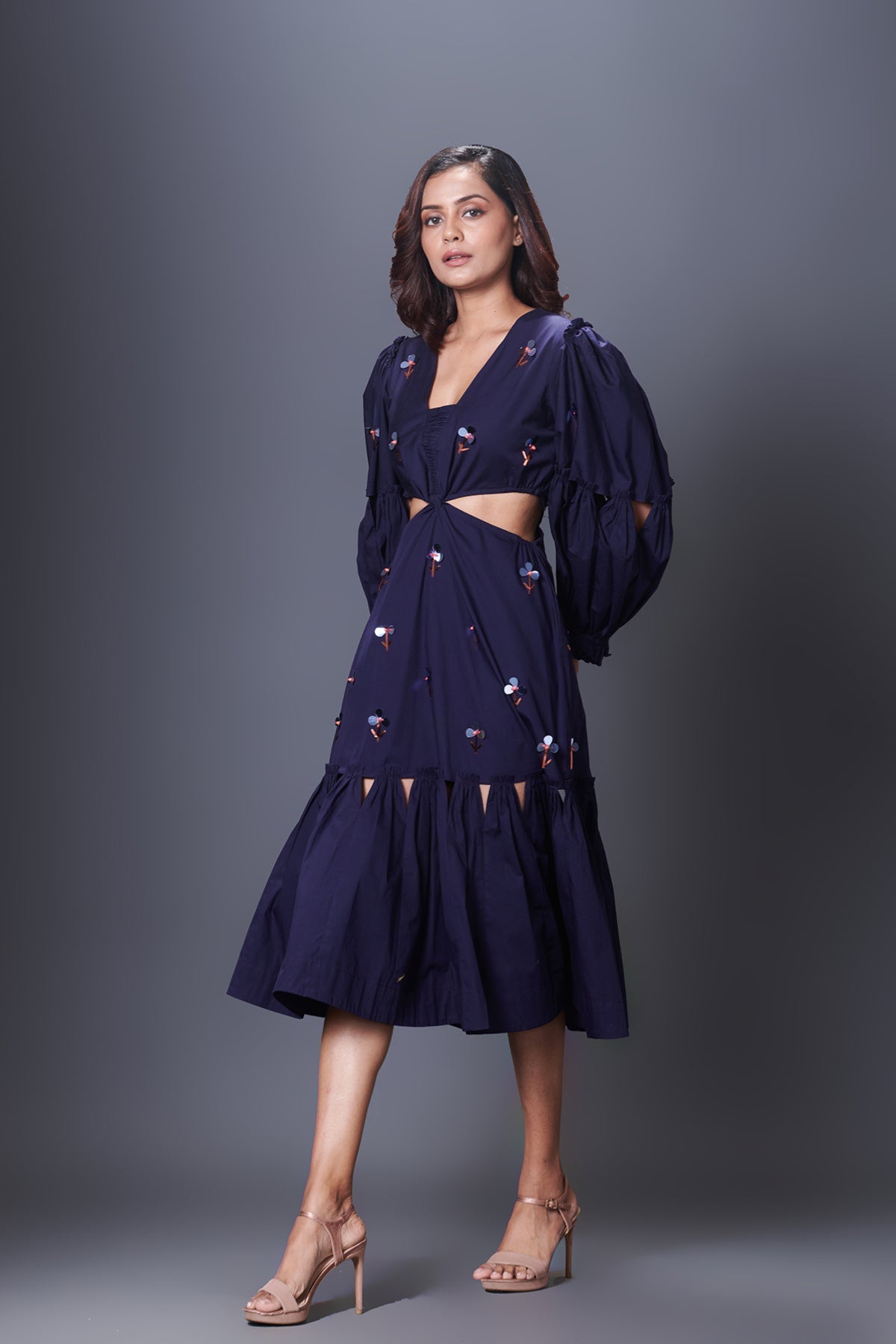 Purple Cutout Dress With Puffed Sleeves