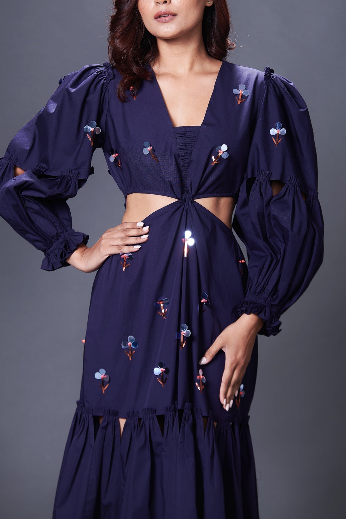 Purple Cutout Dress With Puffed Sleeves