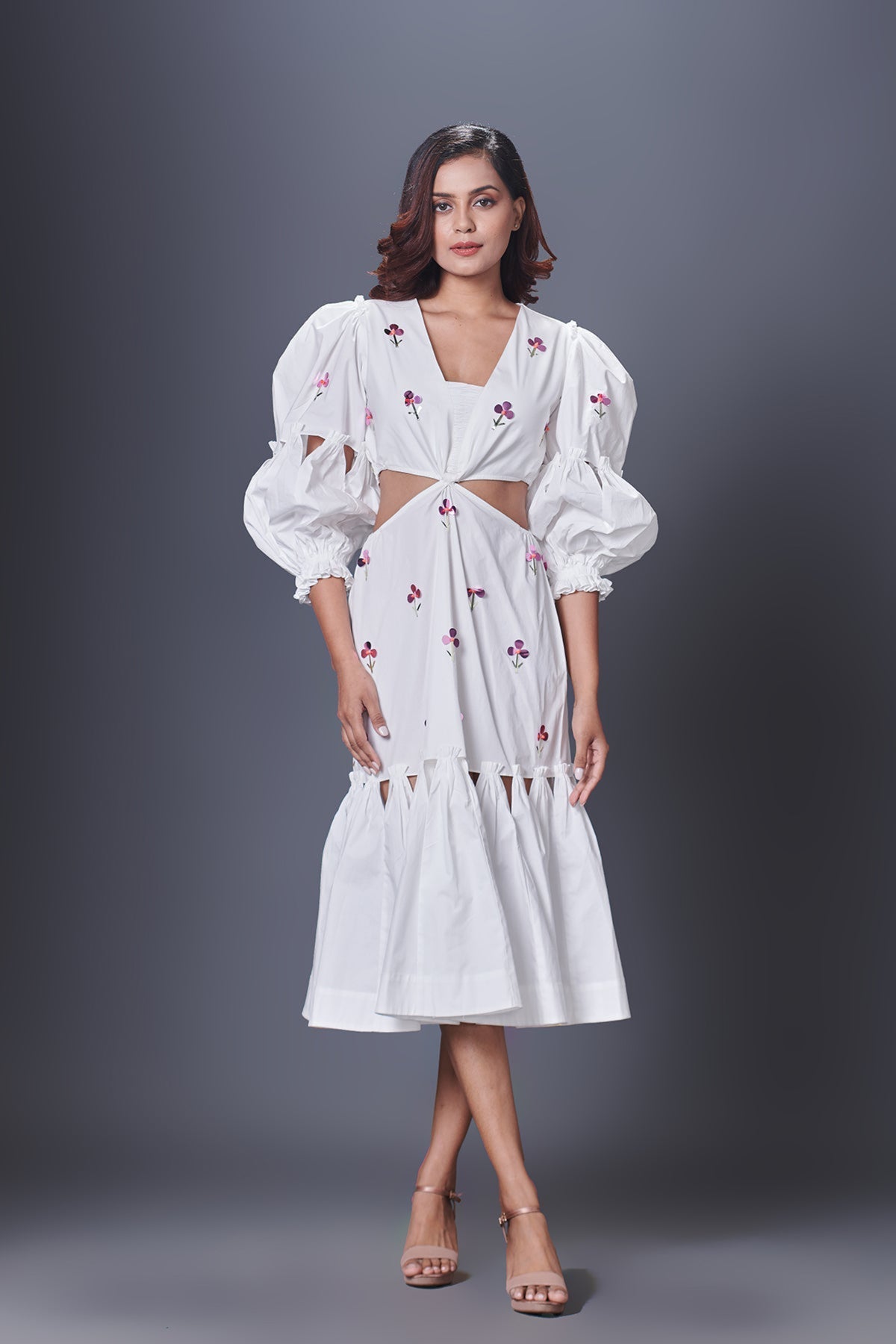 White  Cutout Dress With Puffed Sleeves