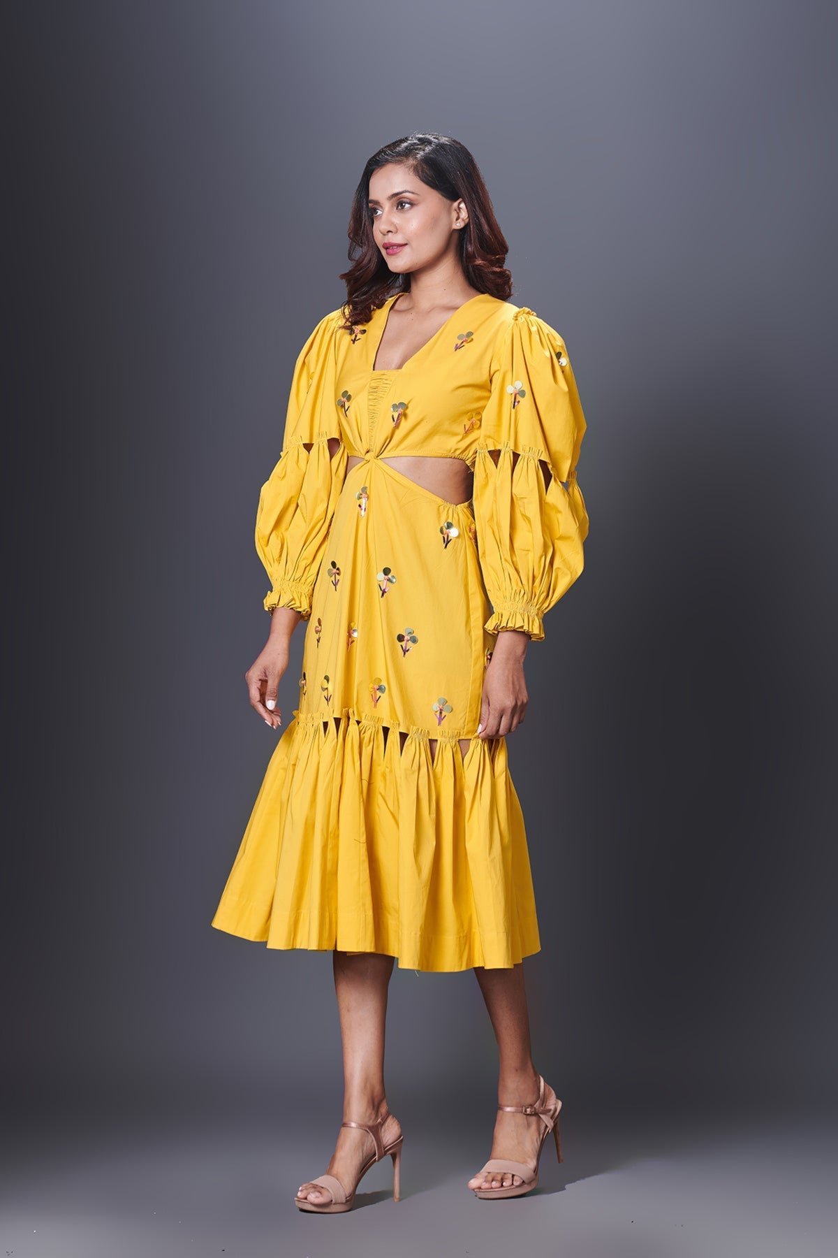Yellow Cutout Dress With Puffed Sleeves