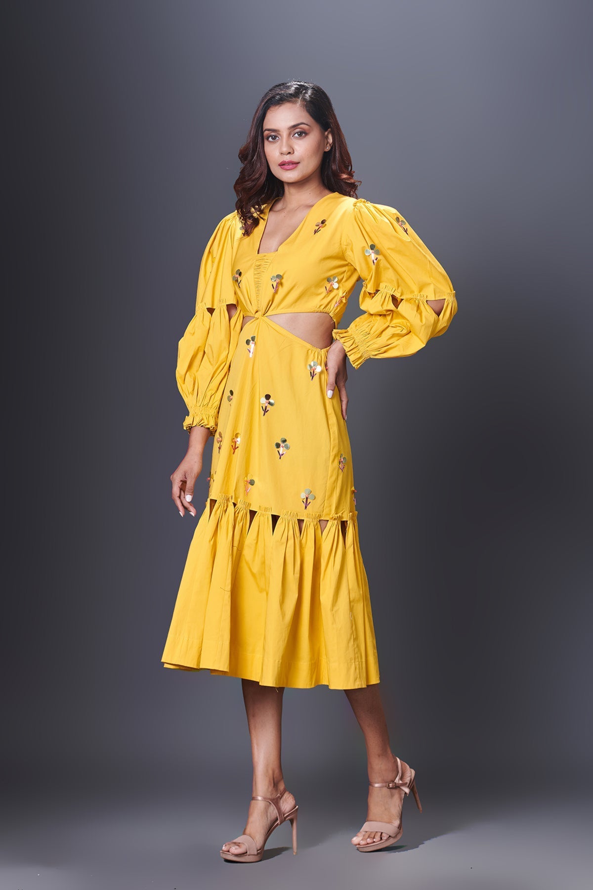 Yellow Cutout Dress With Puffed Sleeves