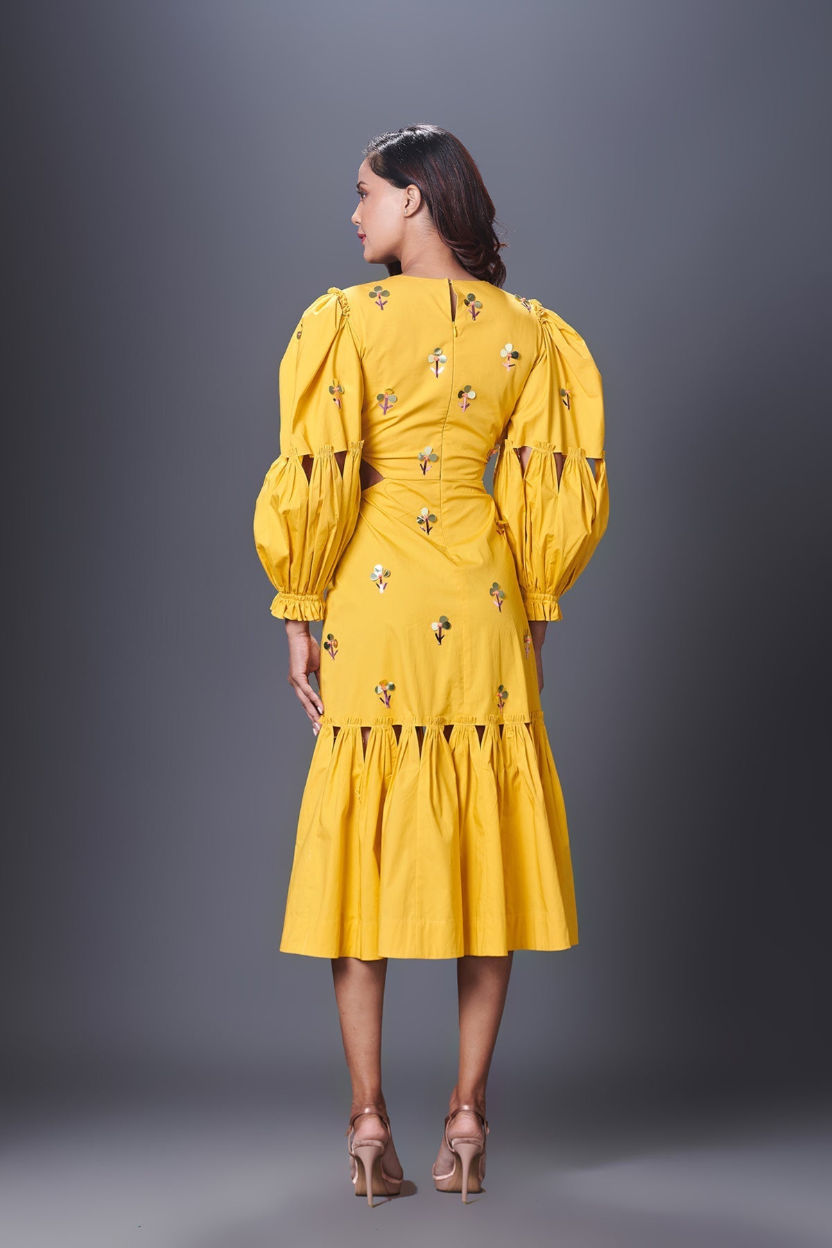Yellow Cutout Dress With Puffed Sleeves