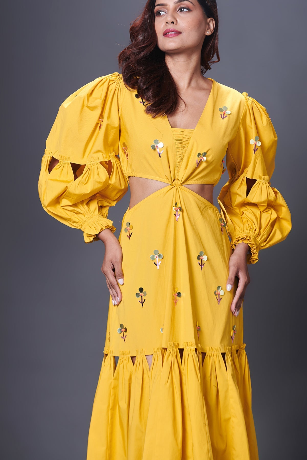 Yellow Cutout Dress With Puffed Sleeves
